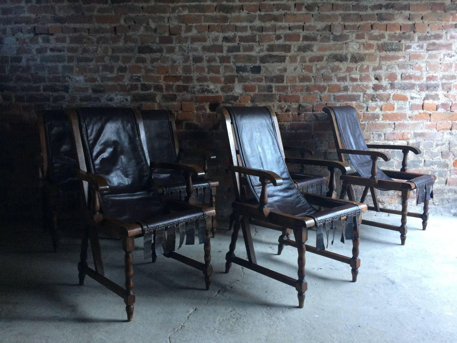 Italian Dining Chairs Six Set of Six Antique Walnut Leather Slung Seats Unique 3