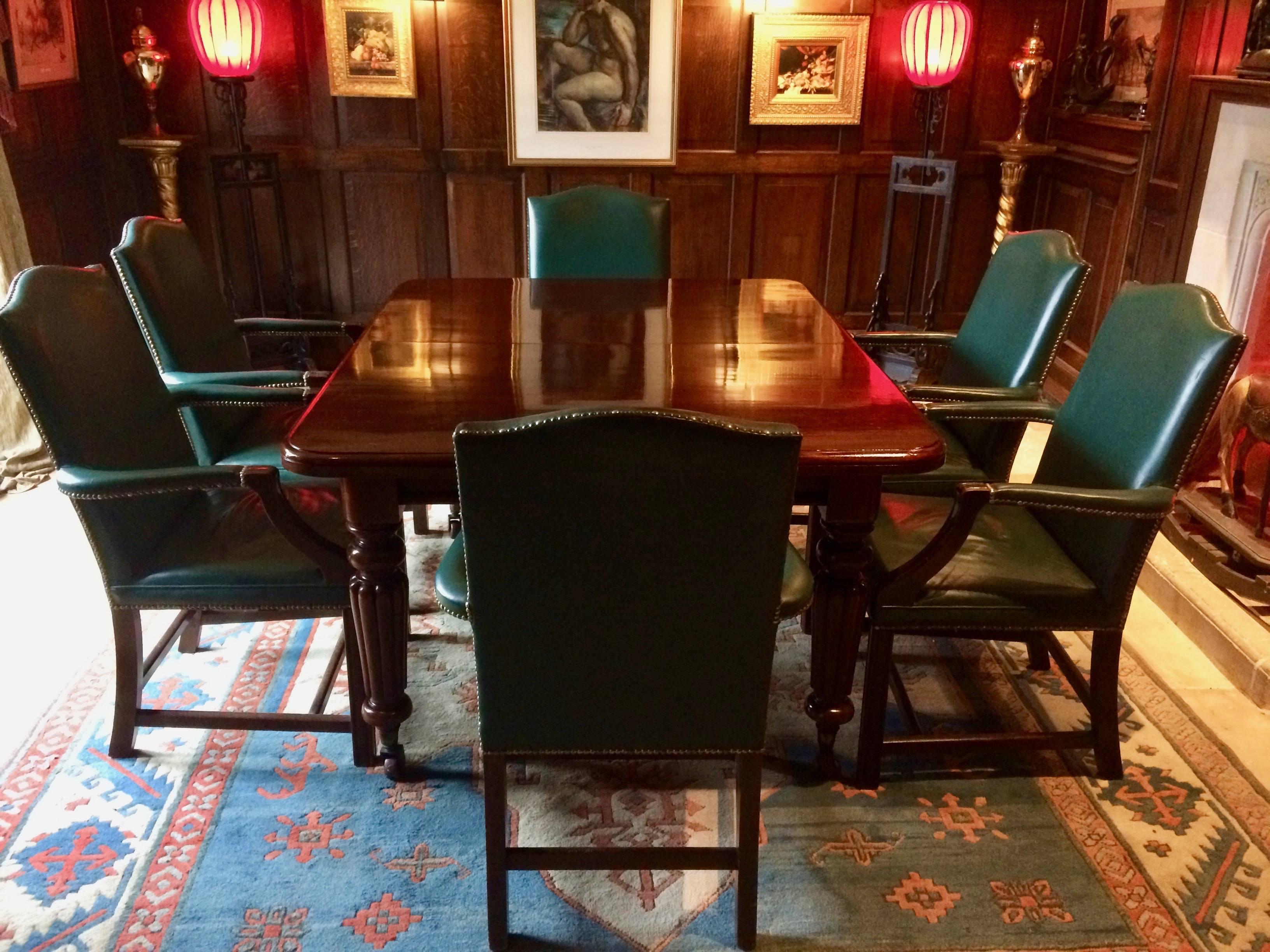 Mid-19th Century Dining Table Ten Leather Dining Chairs Mahogany Extending Victorian, 1850