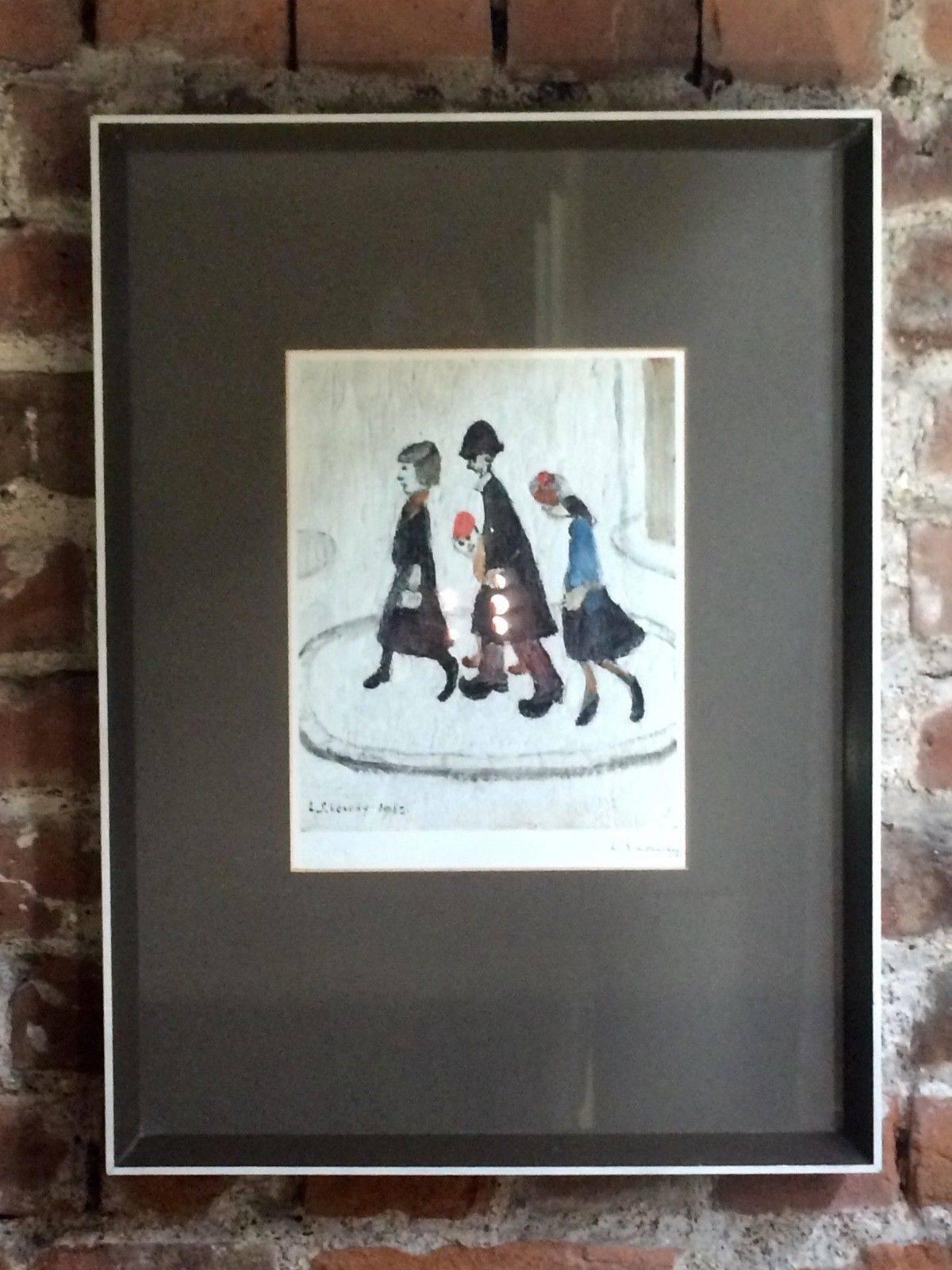 Brit Art L S Lowry 1887-1976. The family, ink signed coloured print, with blind stamps, mounted and framed, love Lowrey.