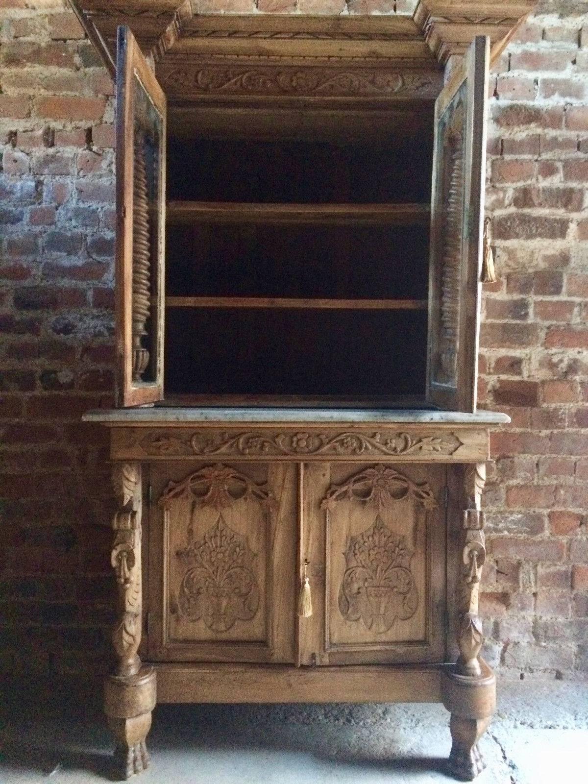 19th Century Antique Display Cabinet Glazed Bookcase Marble Heavily Carved Colonial