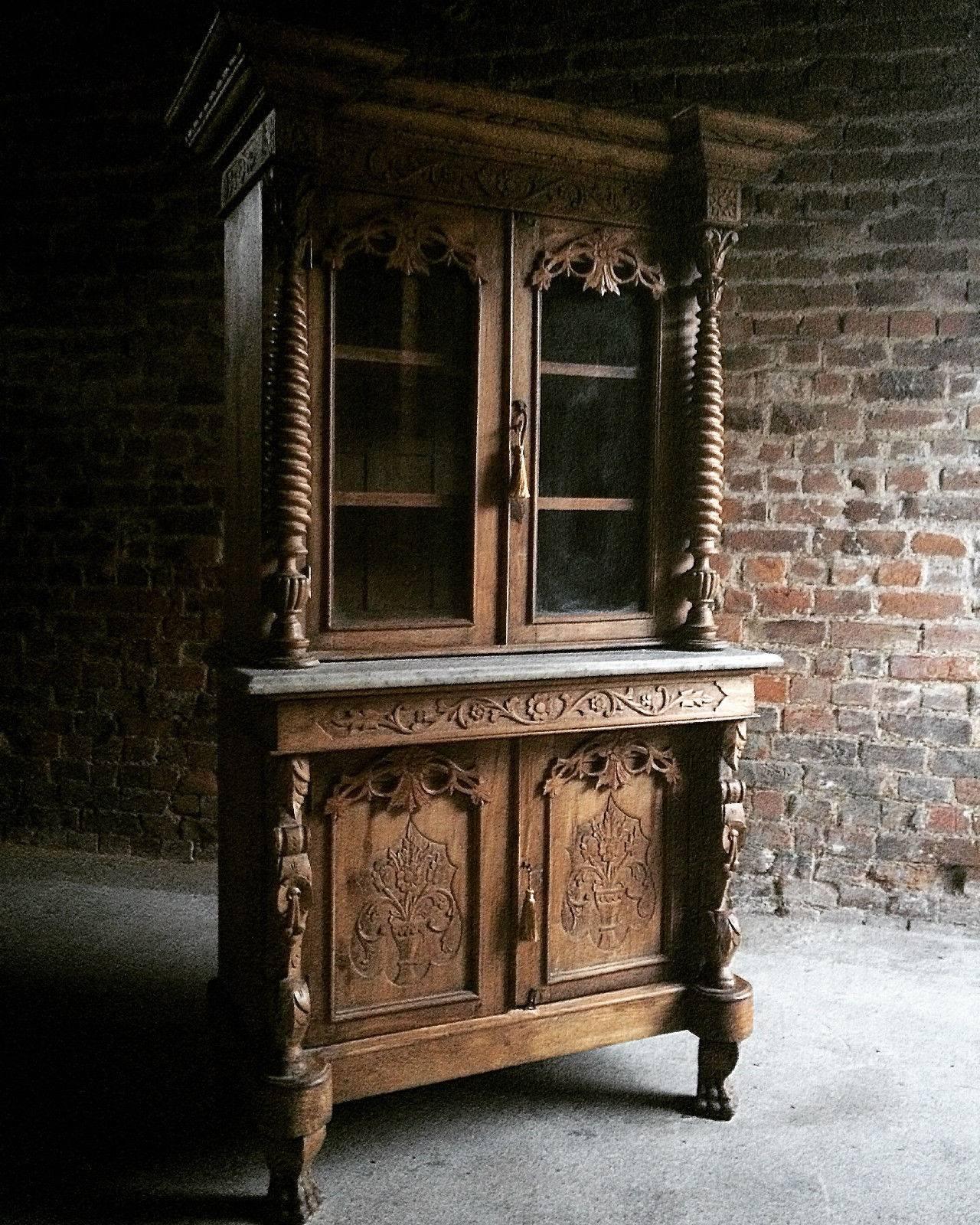 Antique Display Cabinet Glazed Bookcase Marble Heavily Carved Colonial In Good Condition In Longdon, Tewkesbury