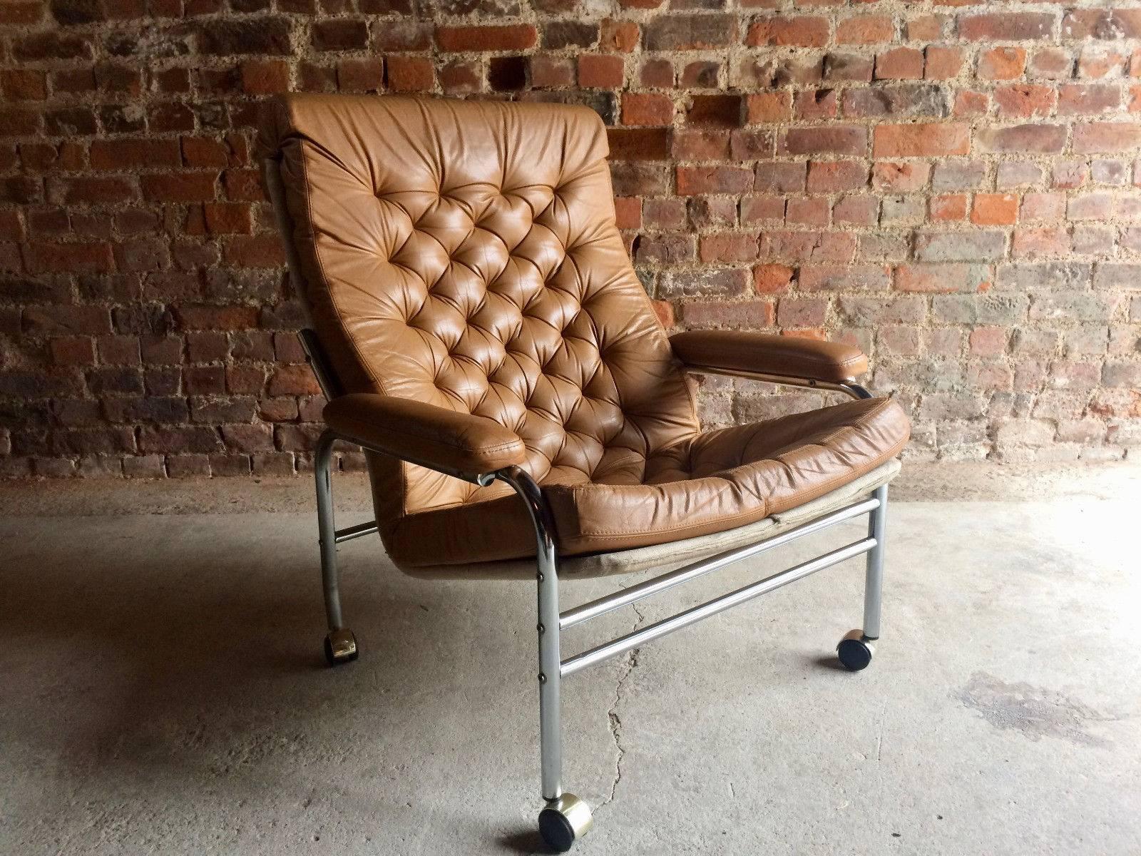 Mid-Century Modern Noboru Nakamura for IKEA Bore Lounge Chair and Footstool Leather 1970s Very Rare