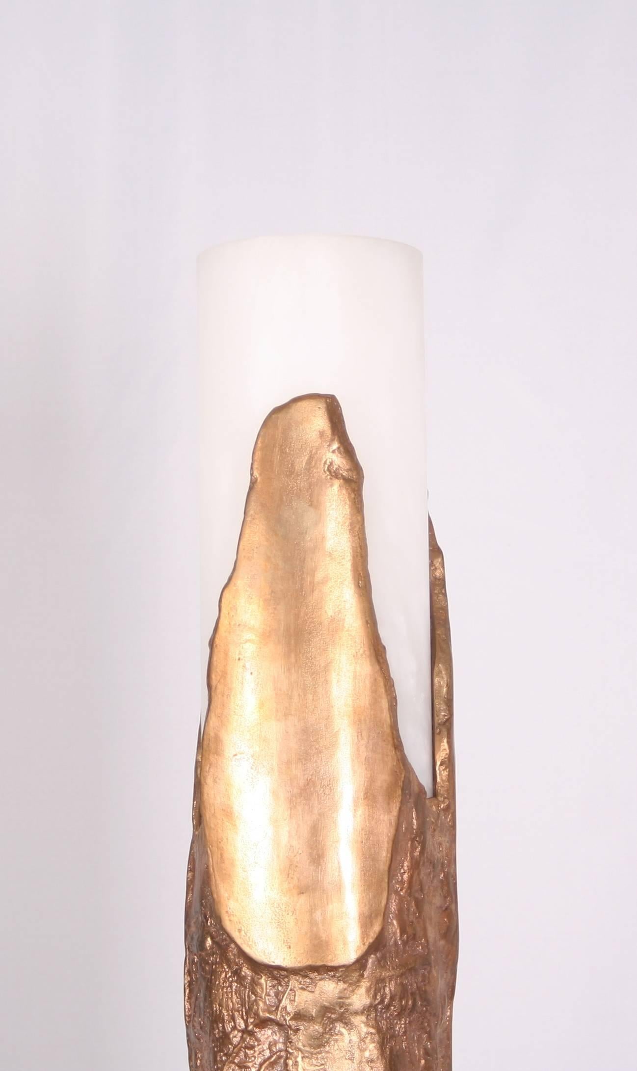 French Floor Lamp Tubb Bronze Cast in Sand Alabaster Shade Designed by Arriau For Sale