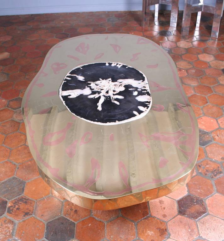Coffee Table Petrus, Black Petrified Wood and Etched Brass by Arriau