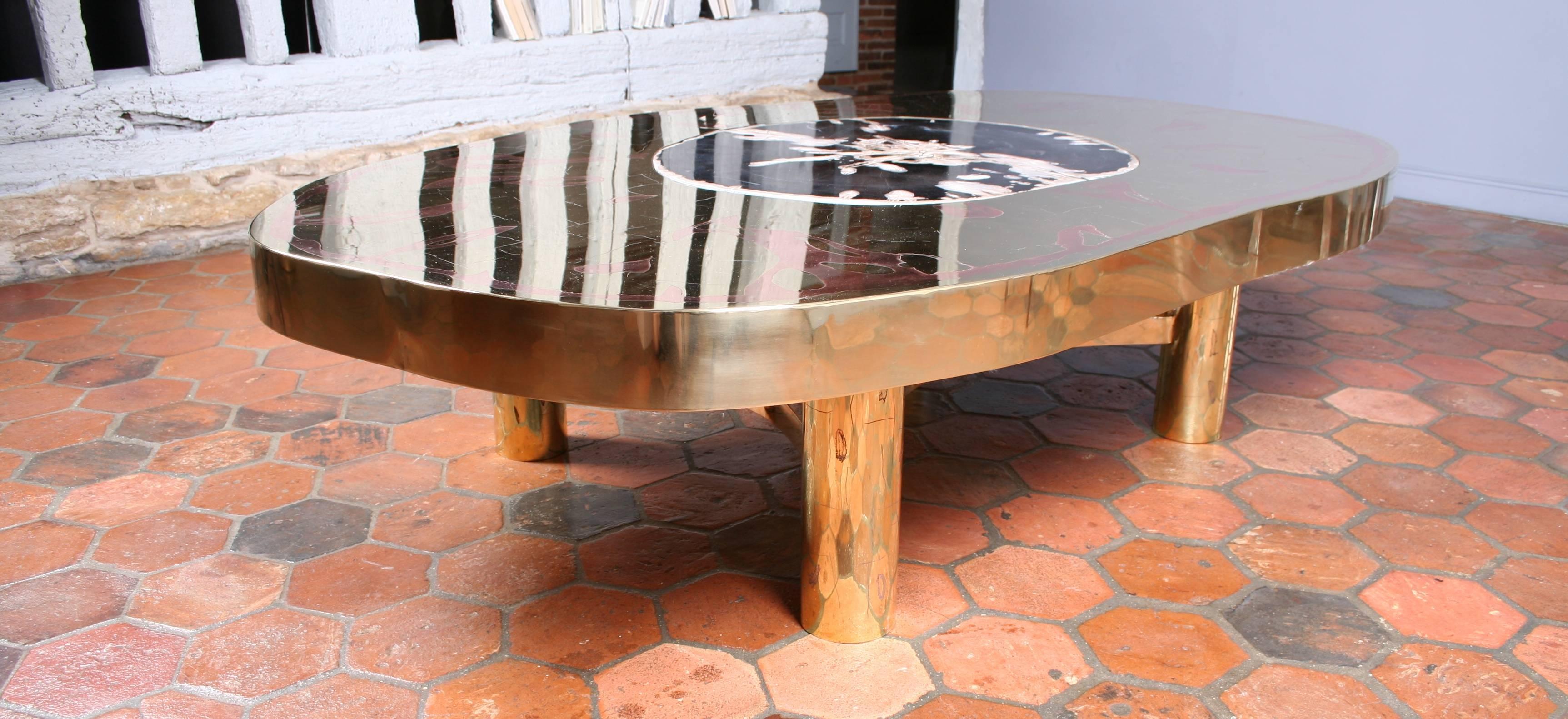 Contemporary Coffee Table Petrus, Black Petrified Wood and Etched Brass by Arriau For Sale