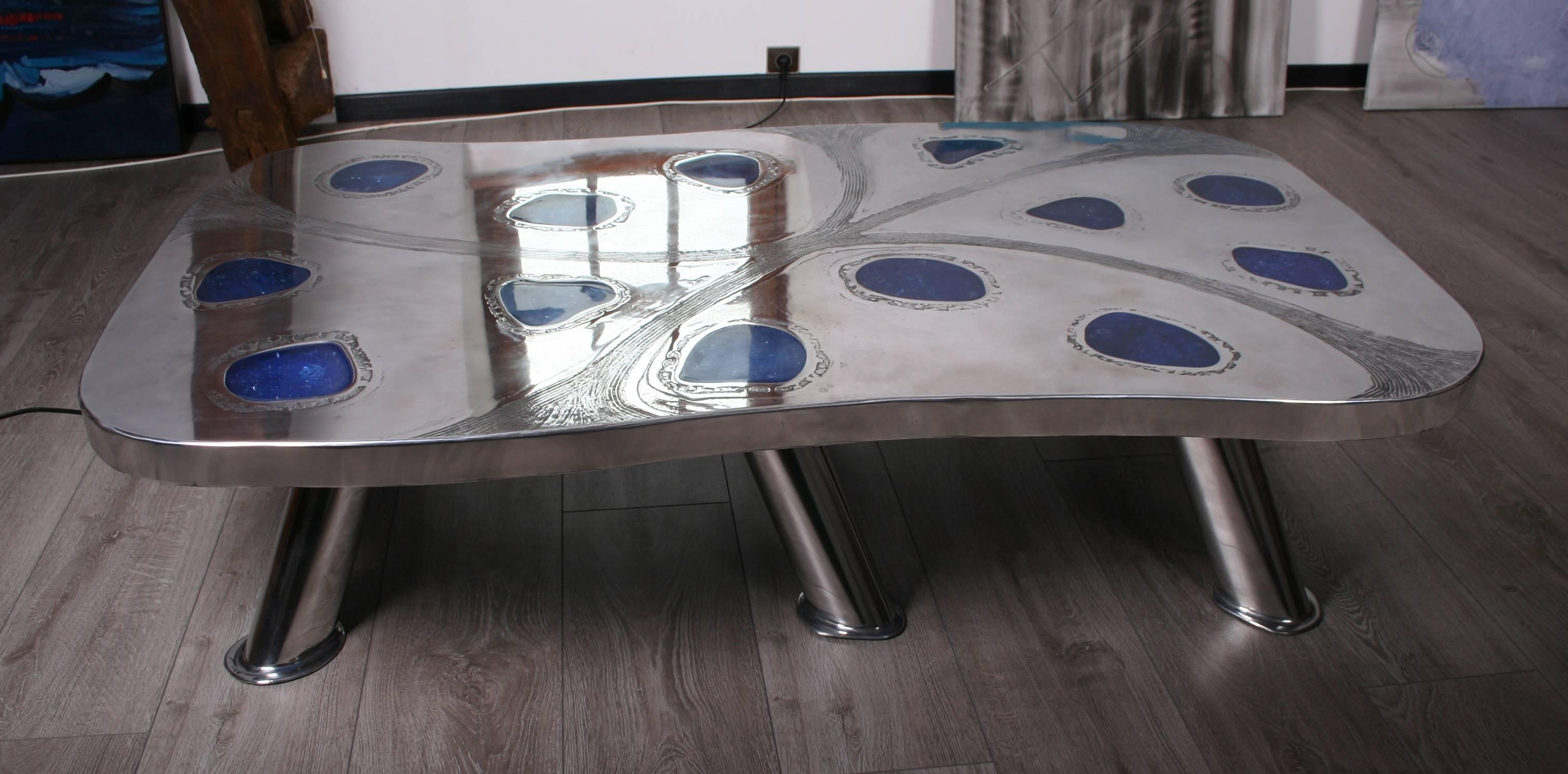 French Coffee Table Lunar, Etched Metal, Fractal Resin by Arriau For Sale