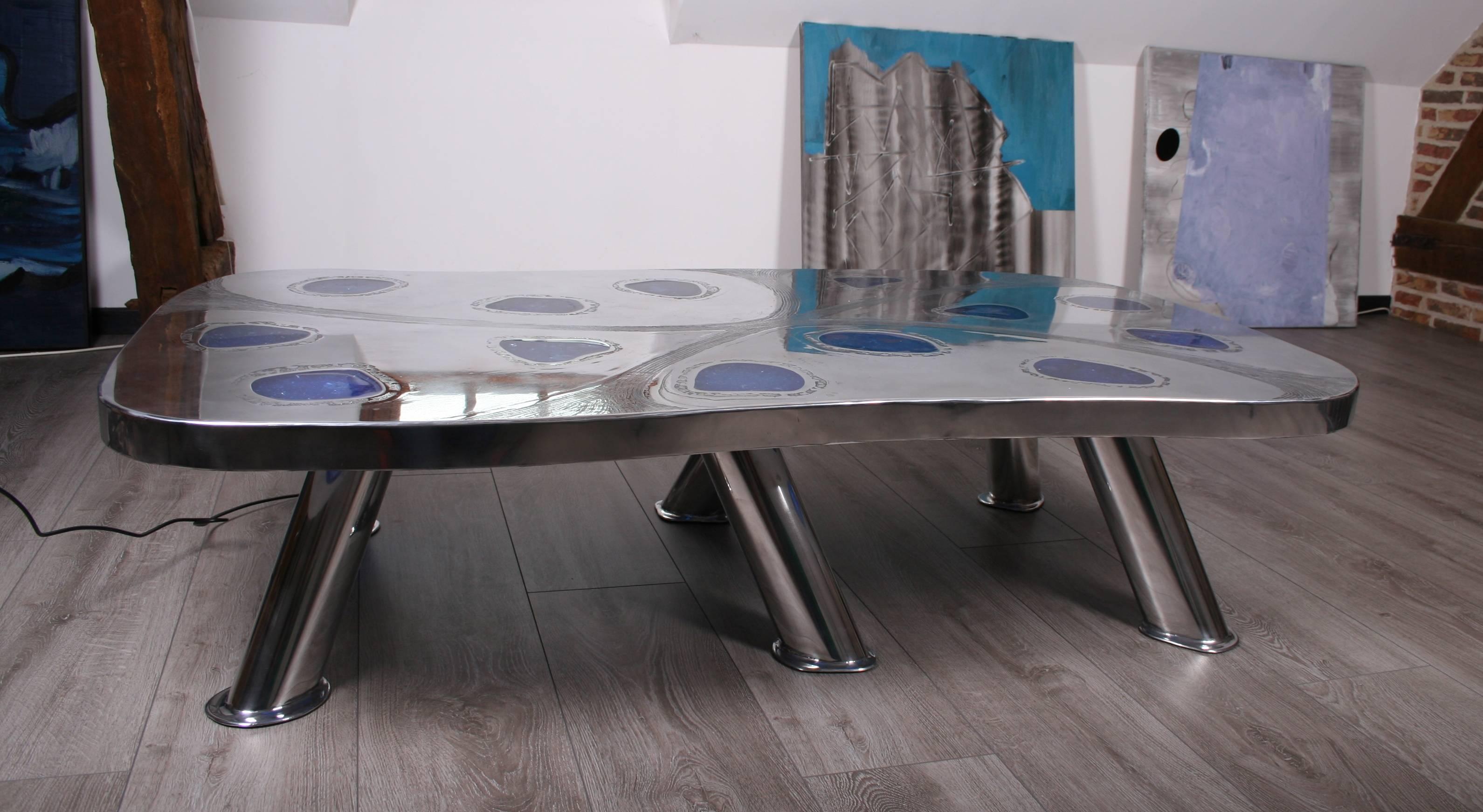 Hand-Crafted Coffee Table Lunar, Etched Metal, Fractal Resin by Arriau For Sale