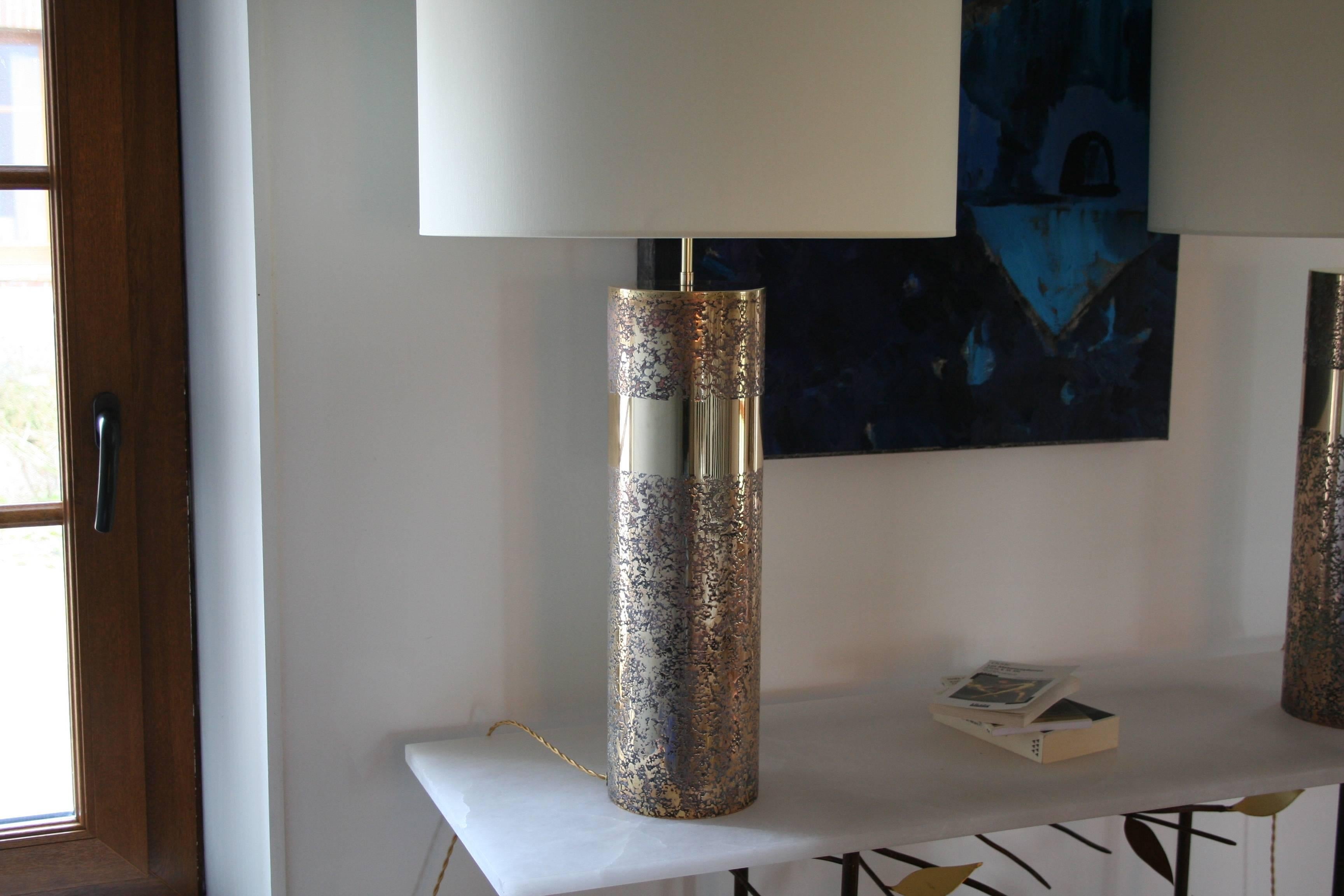 Round Etched Brass Table Lamp patinated, Model Aban by Arriau For Sale 3