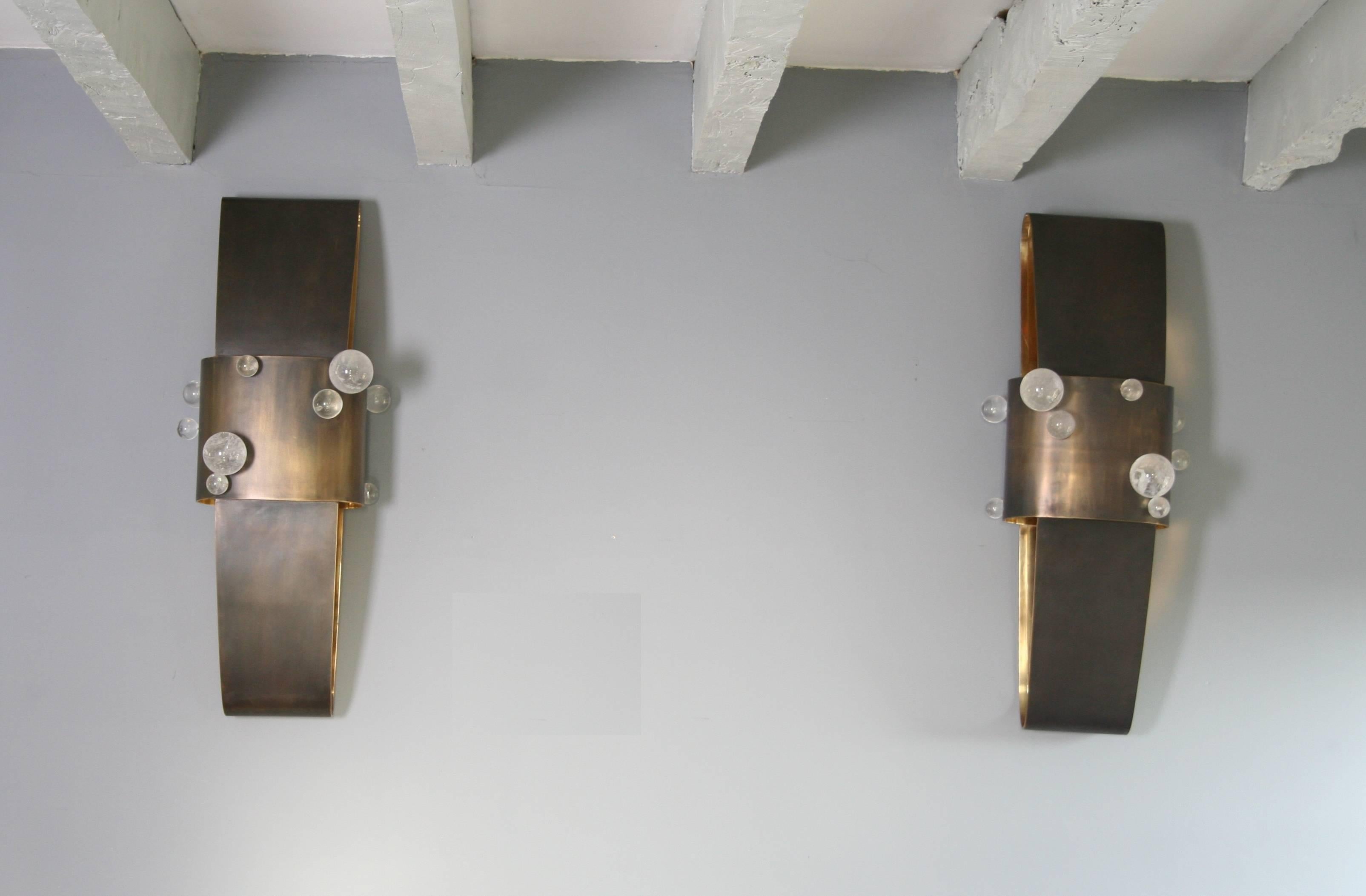Hand-Crafted Pair of Sconces in Brass Patinated and Rock Crystal, Model Bijou by Arriau