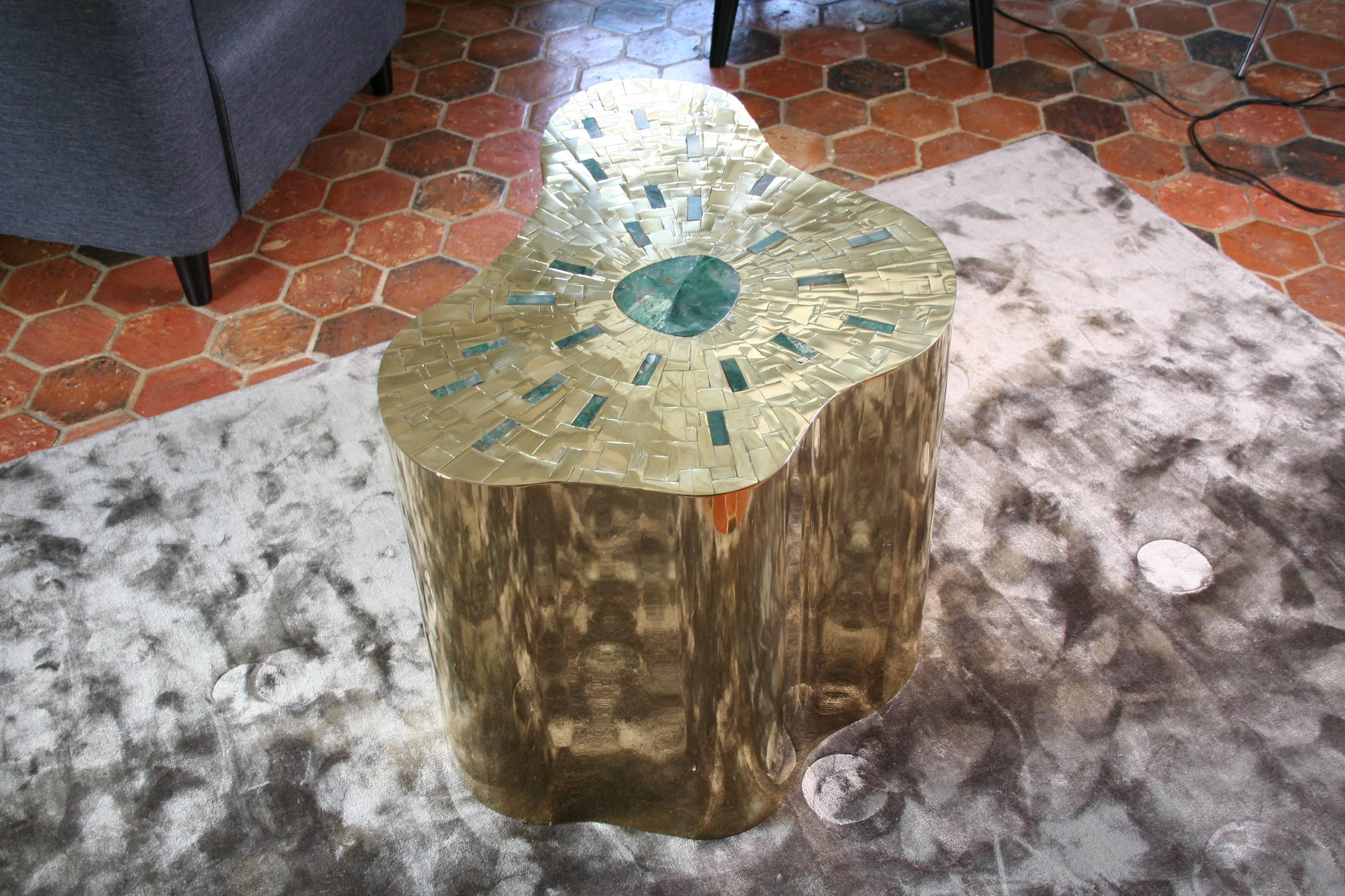 Hand-Crafted Pedestal in Brass Marquetry and Jade, Exclusive Model by Arriau, Model Cloudy For Sale