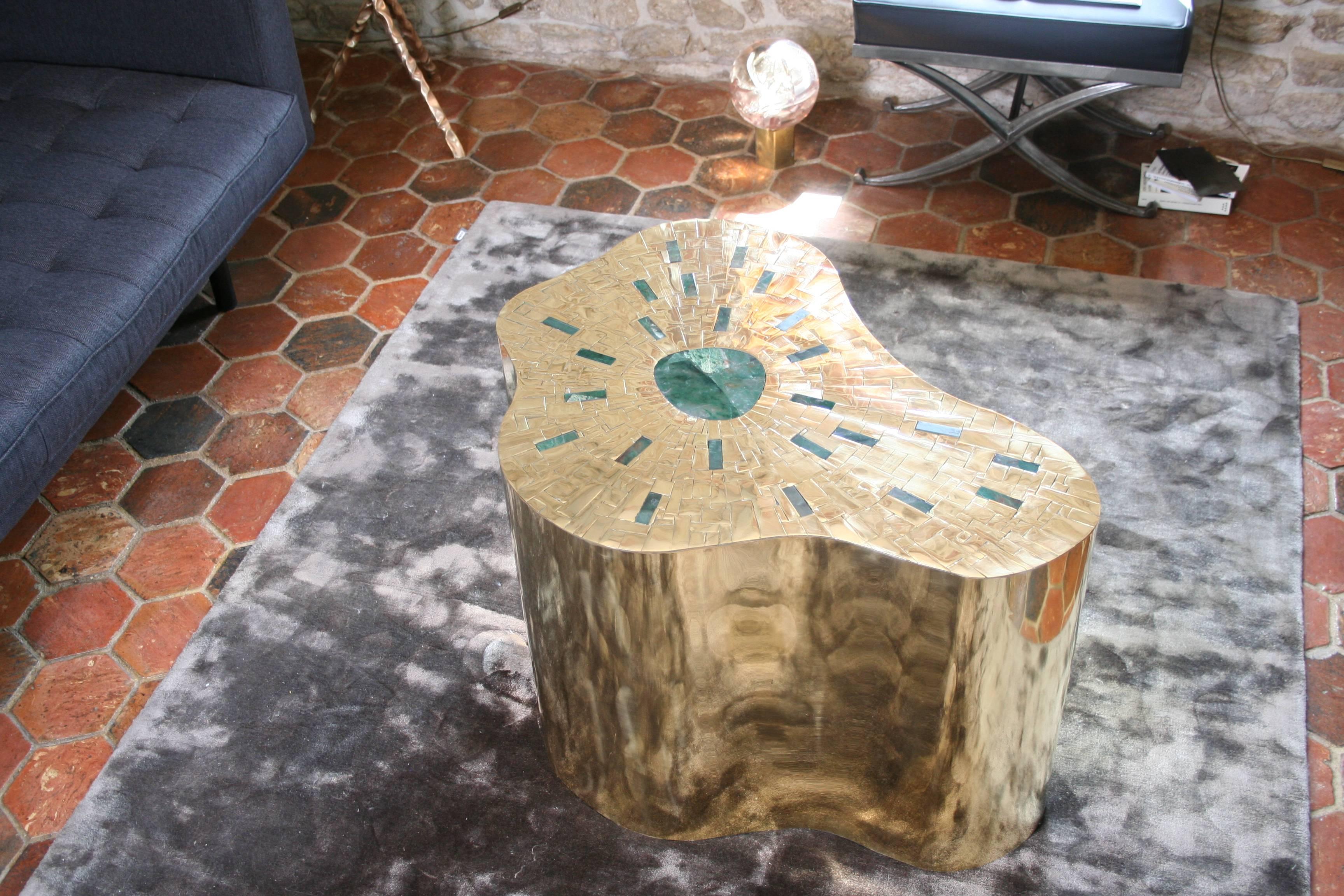 Pedestal in Brass Marquetry and Jade, Exclusive Model by Arriau, Model Cloudy For Sale 2