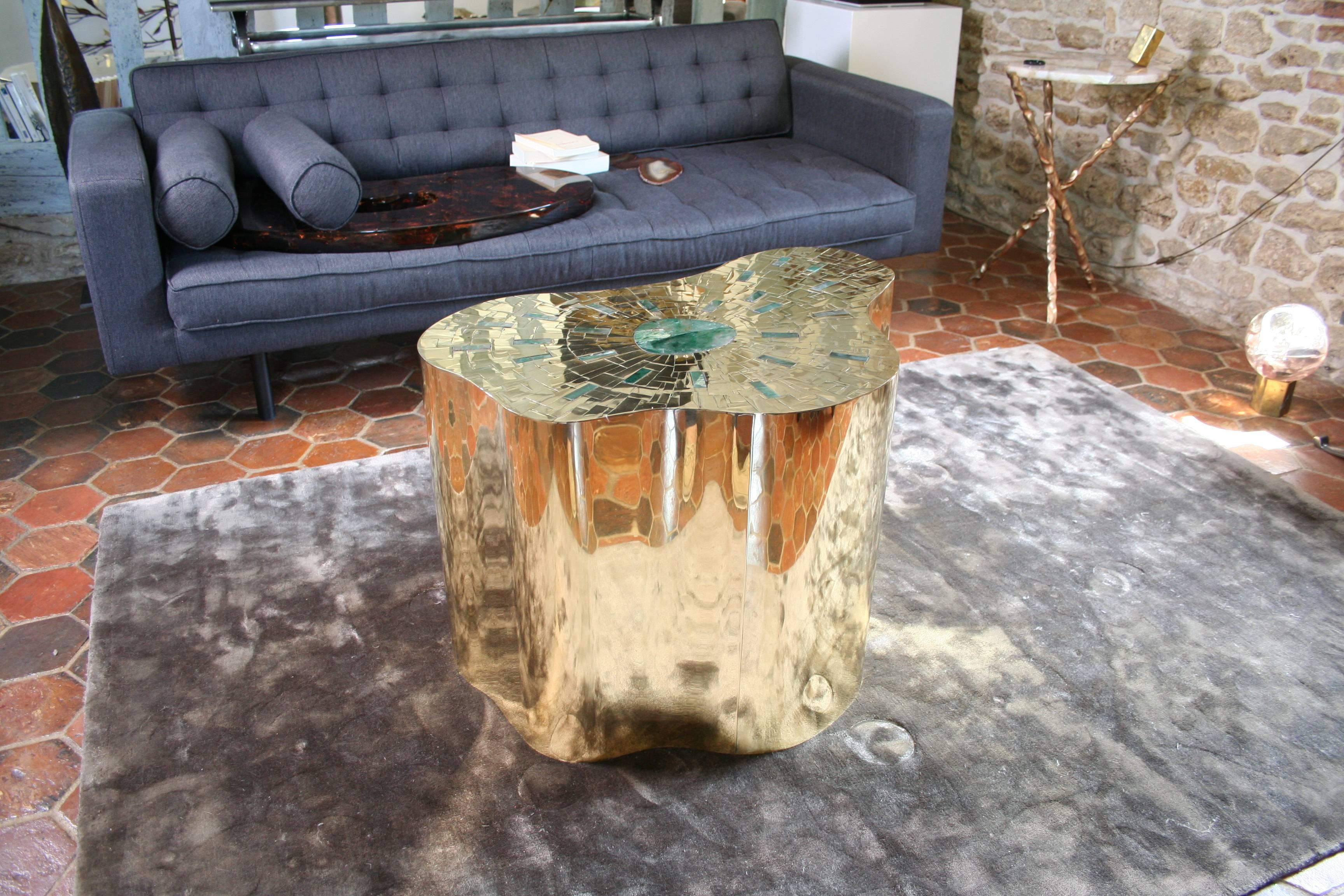 Pedestal in Brass Marquetry and Jade, Exclusive Model by Arriau, Model Cloudy For Sale 3