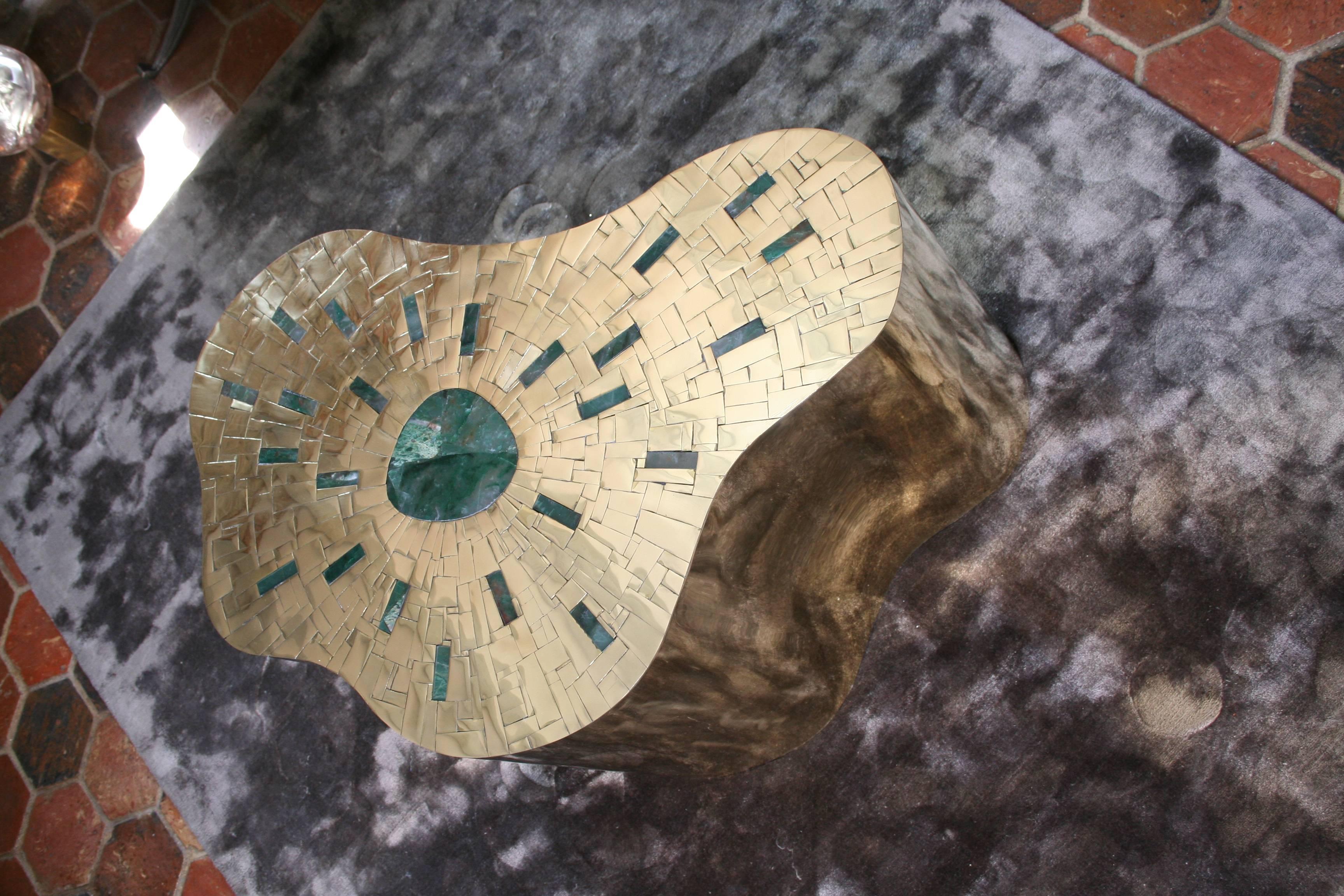 Pedestal in Brass Marquetry and Jade, Exclusive Model by Arriau, Model Cloudy For Sale 4