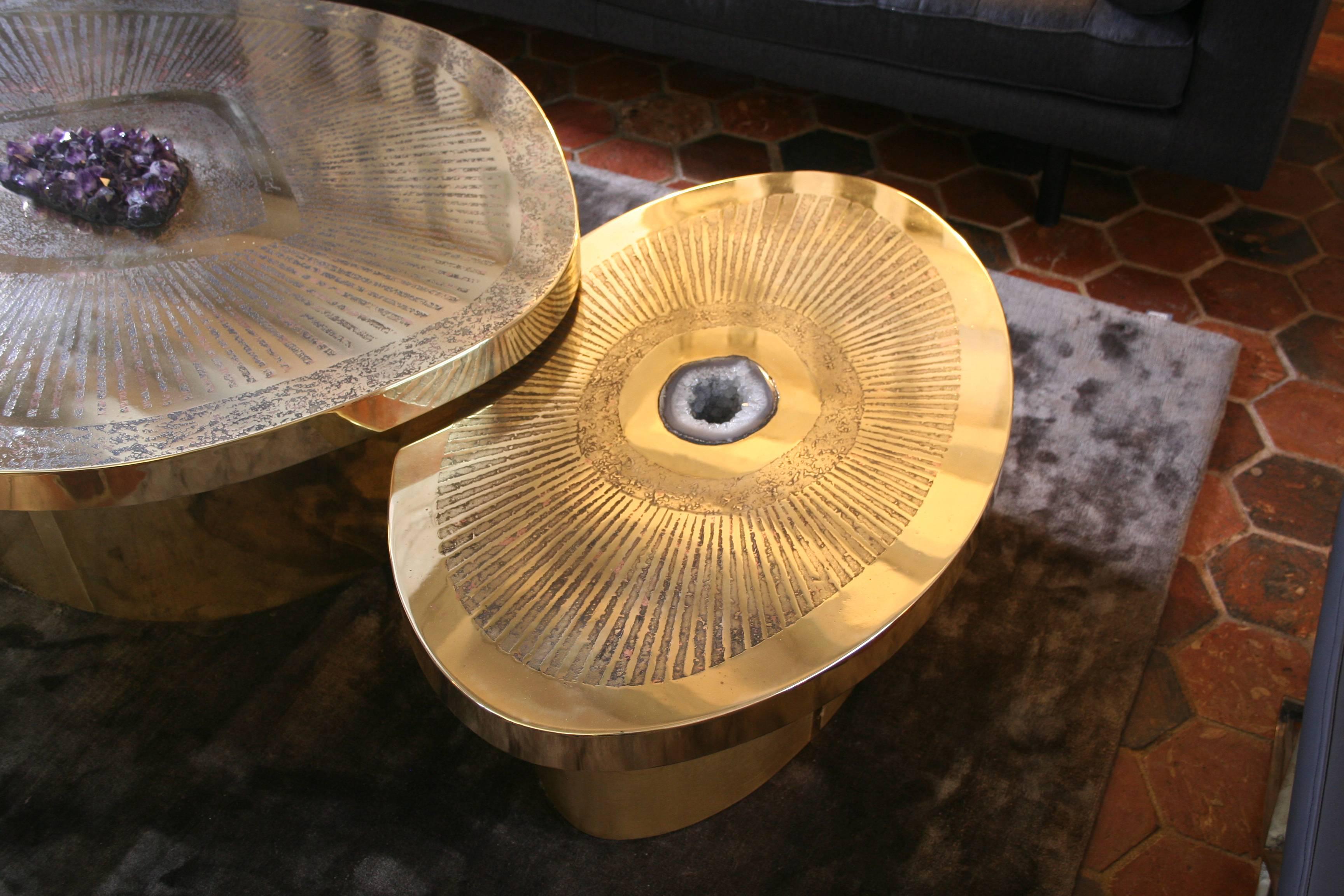 Double Coffee Table Irisha, Etched Brass, Amethyst and Agate by Jean Arriau 5