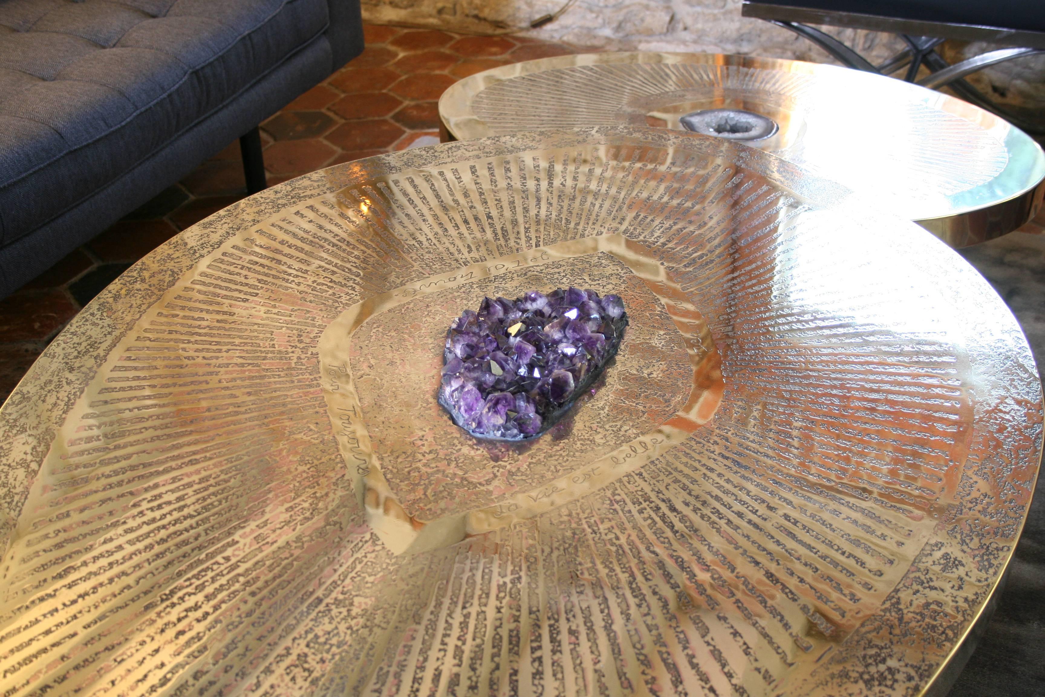 Double Coffee Table Irisha, Etched Brass, Amethyst and Agate by Jean Arriau In Excellent Condition In Cuy Saint Fiacre, FR