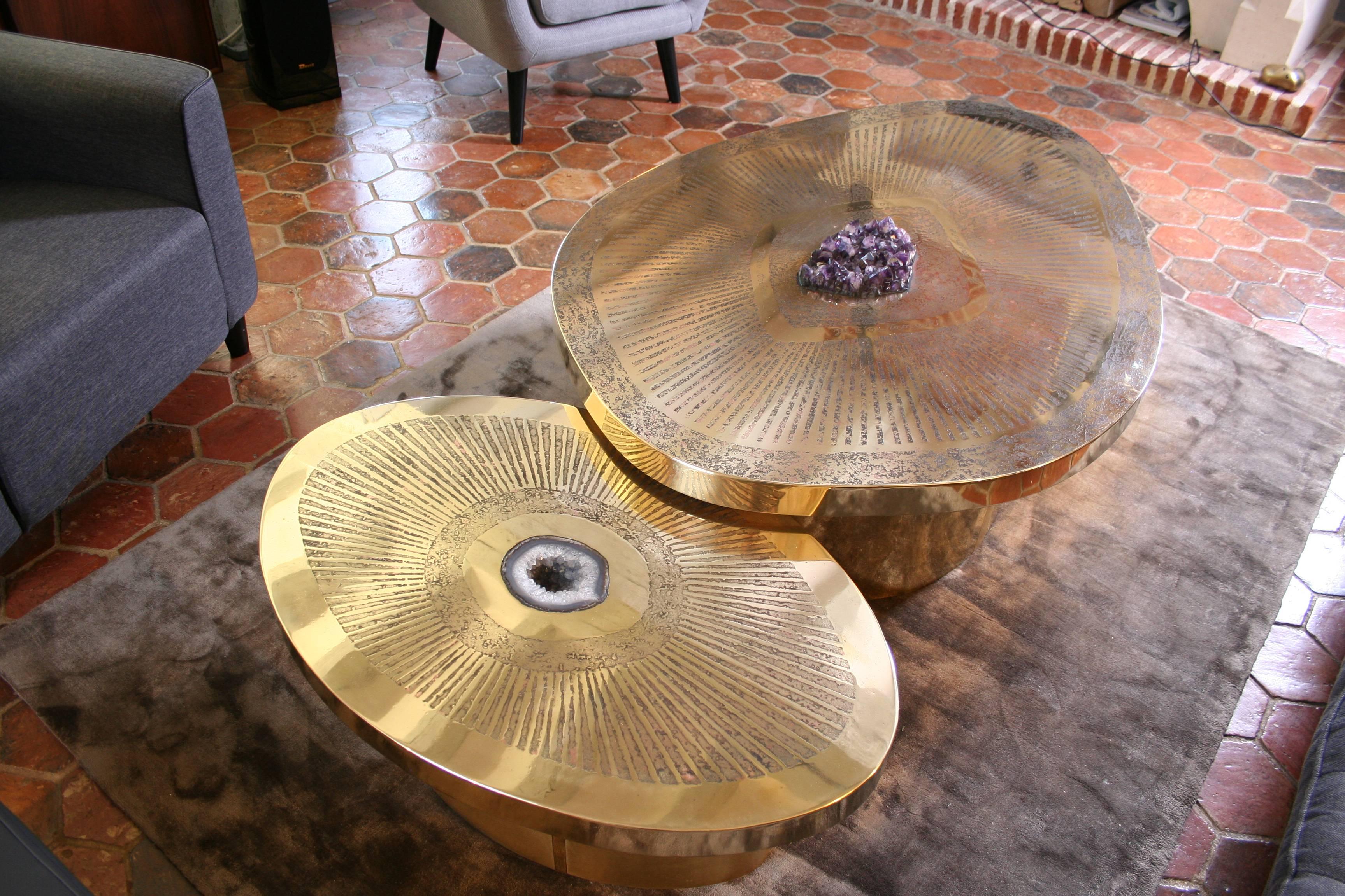 Double Coffee Table Irisha, Etched Brass, Amethyst and Agate by Jean Arriau 4