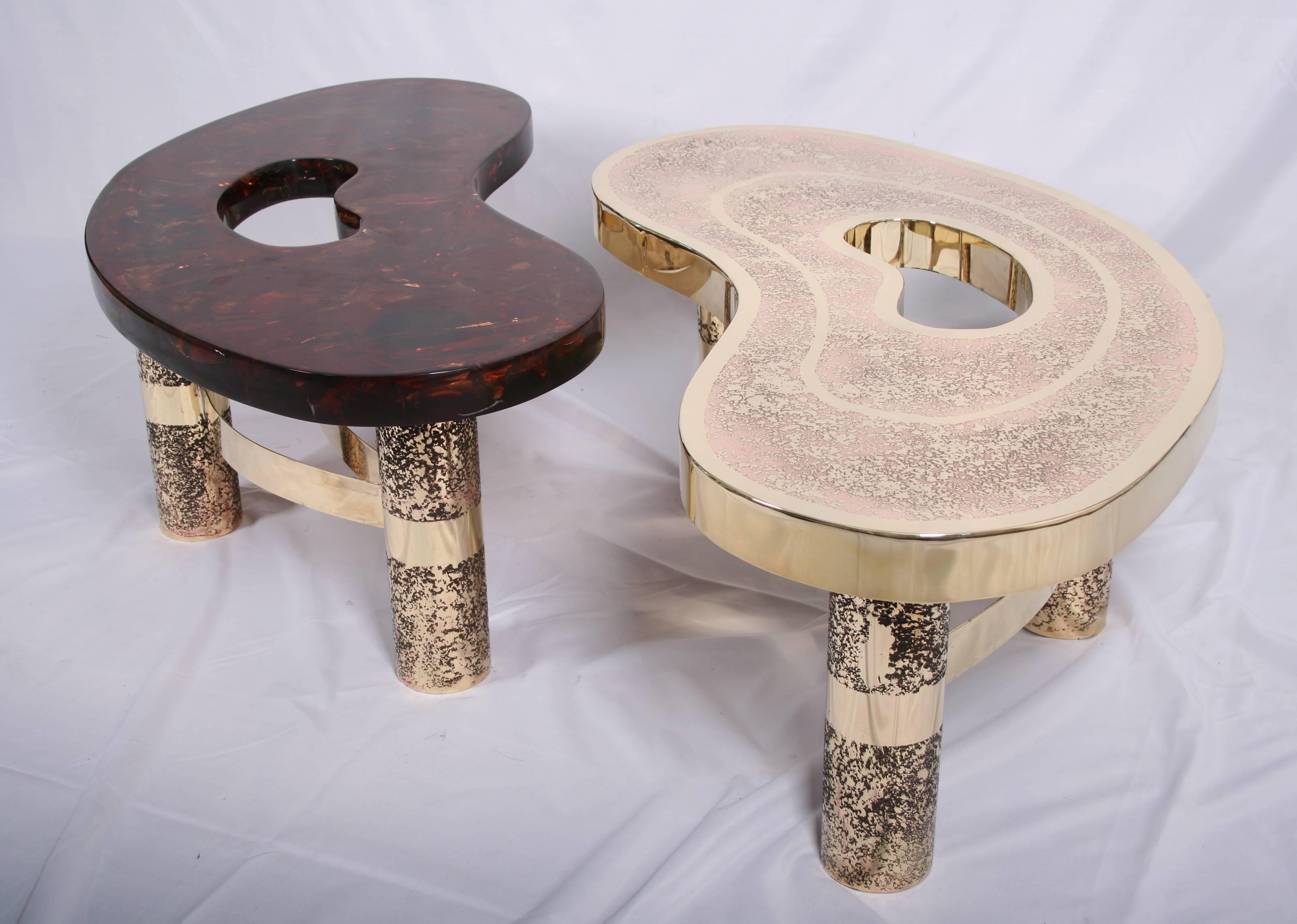 French Coffee Table Beann, Etched Brass and Fractal Resin, Designed by Arriau For Sale