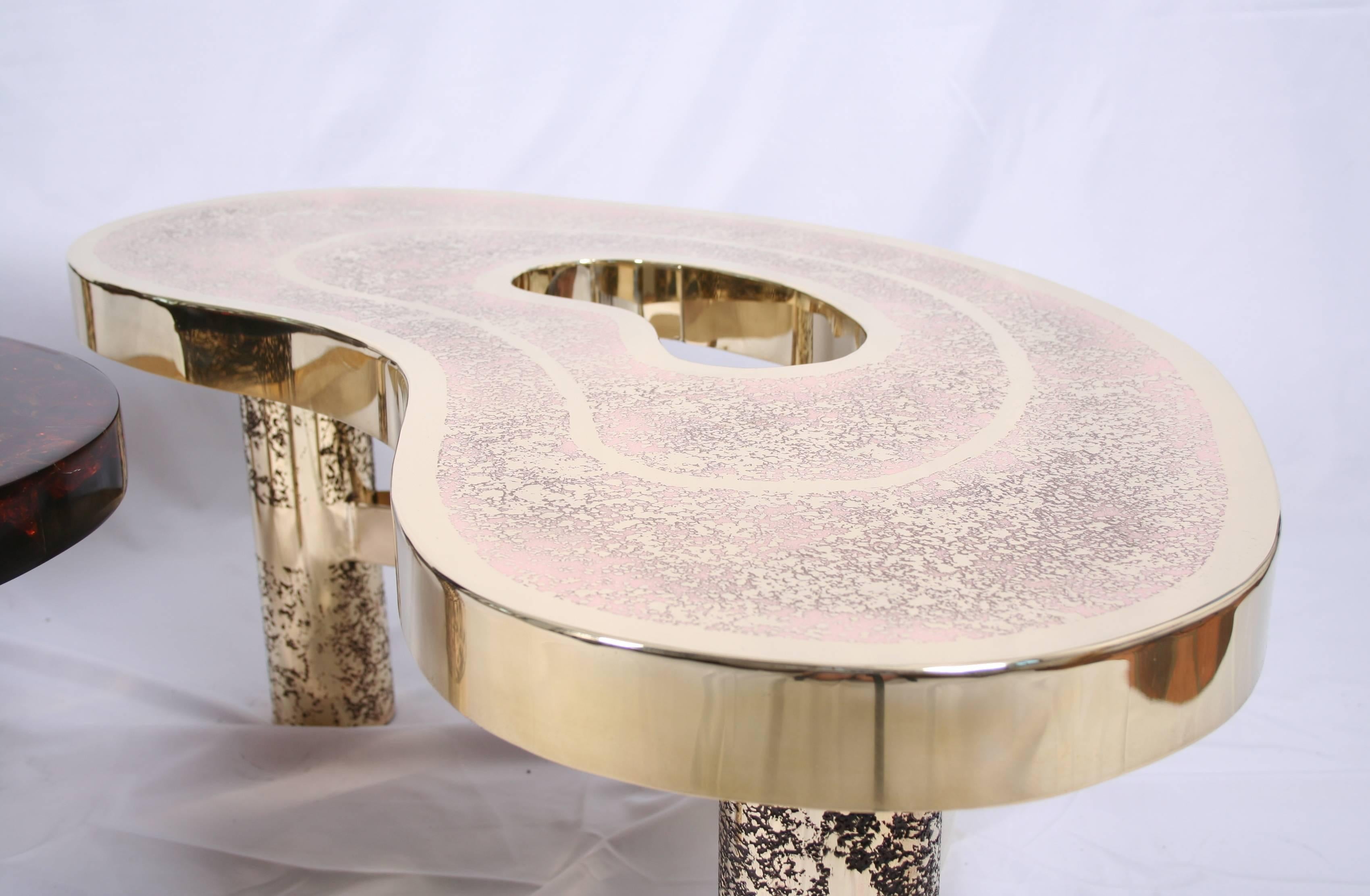 Hand-Crafted Coffee Table Beann, Etched Brass and Fractal Resin, Designed by Arriau For Sale