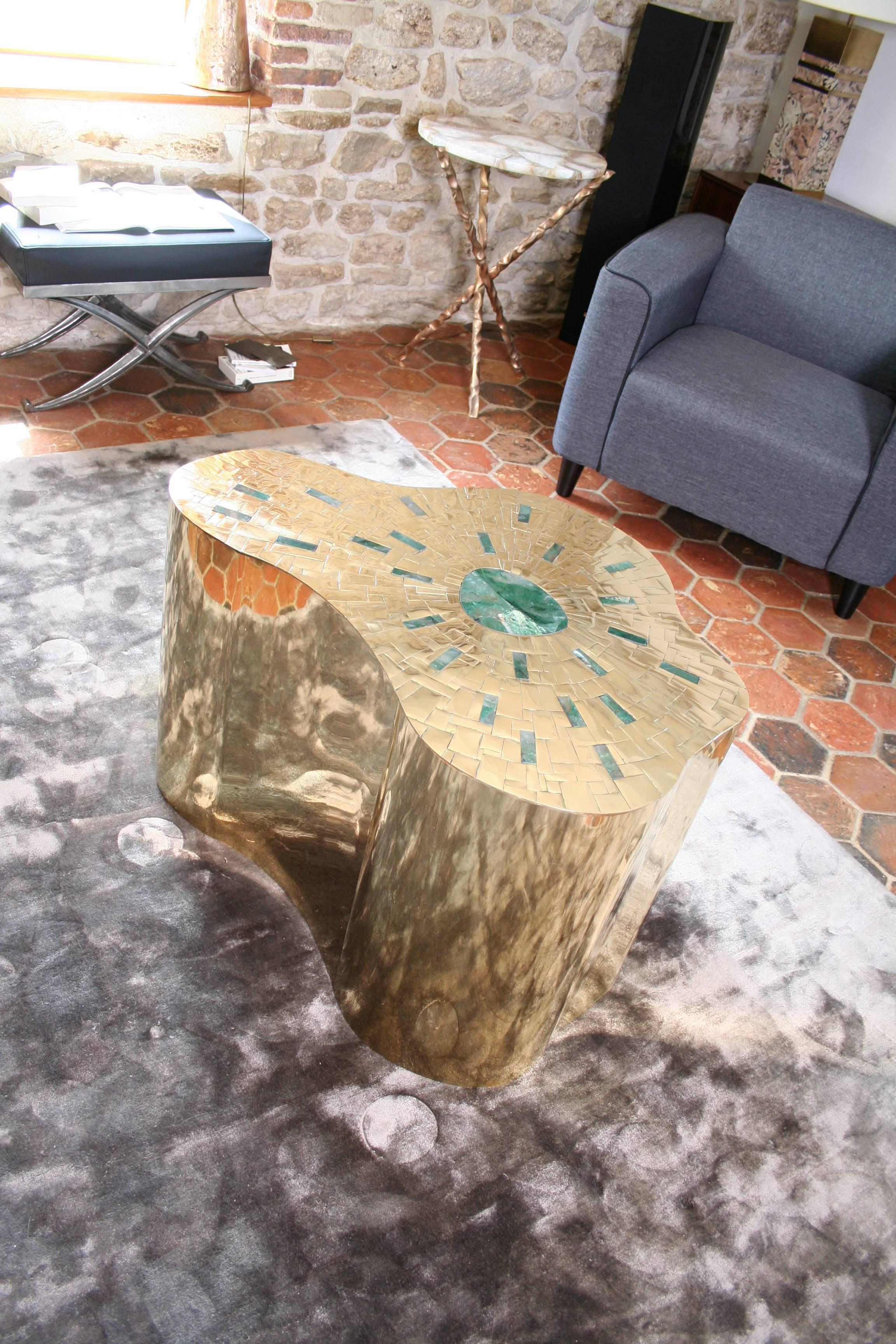 French Pedestal in Brass Marquetry and Jade, Exclusive Model by Arriau, Model Cloudy For Sale