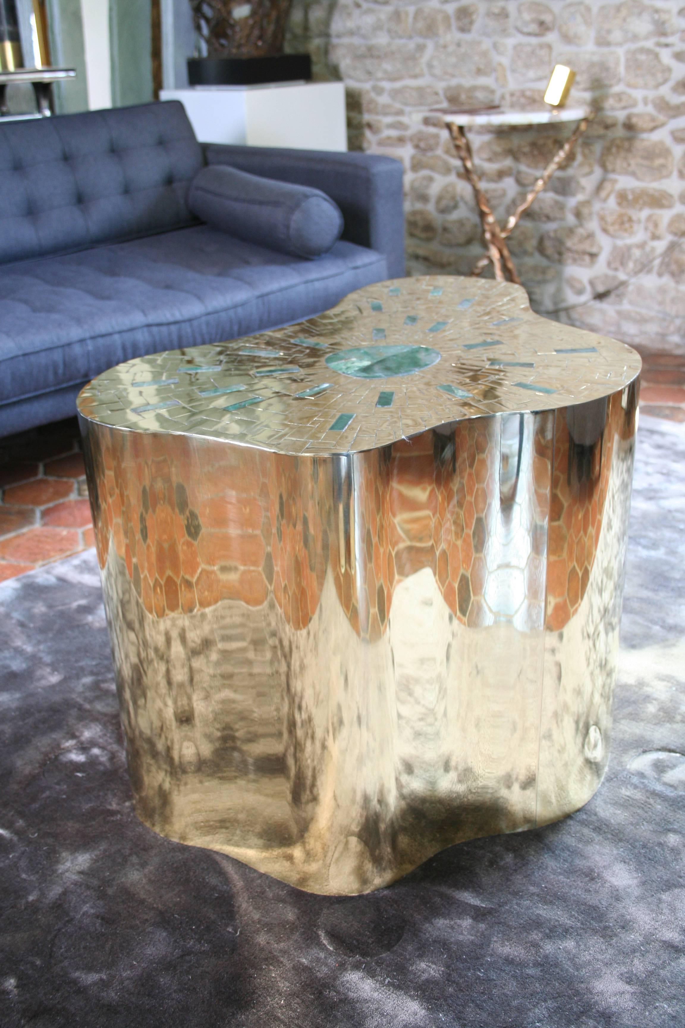 Pedestal in Brass Marquetry and Jade, Exclusive Model by Arriau, Model Cloudy In Excellent Condition For Sale In Cuy Saint Fiacre, FR