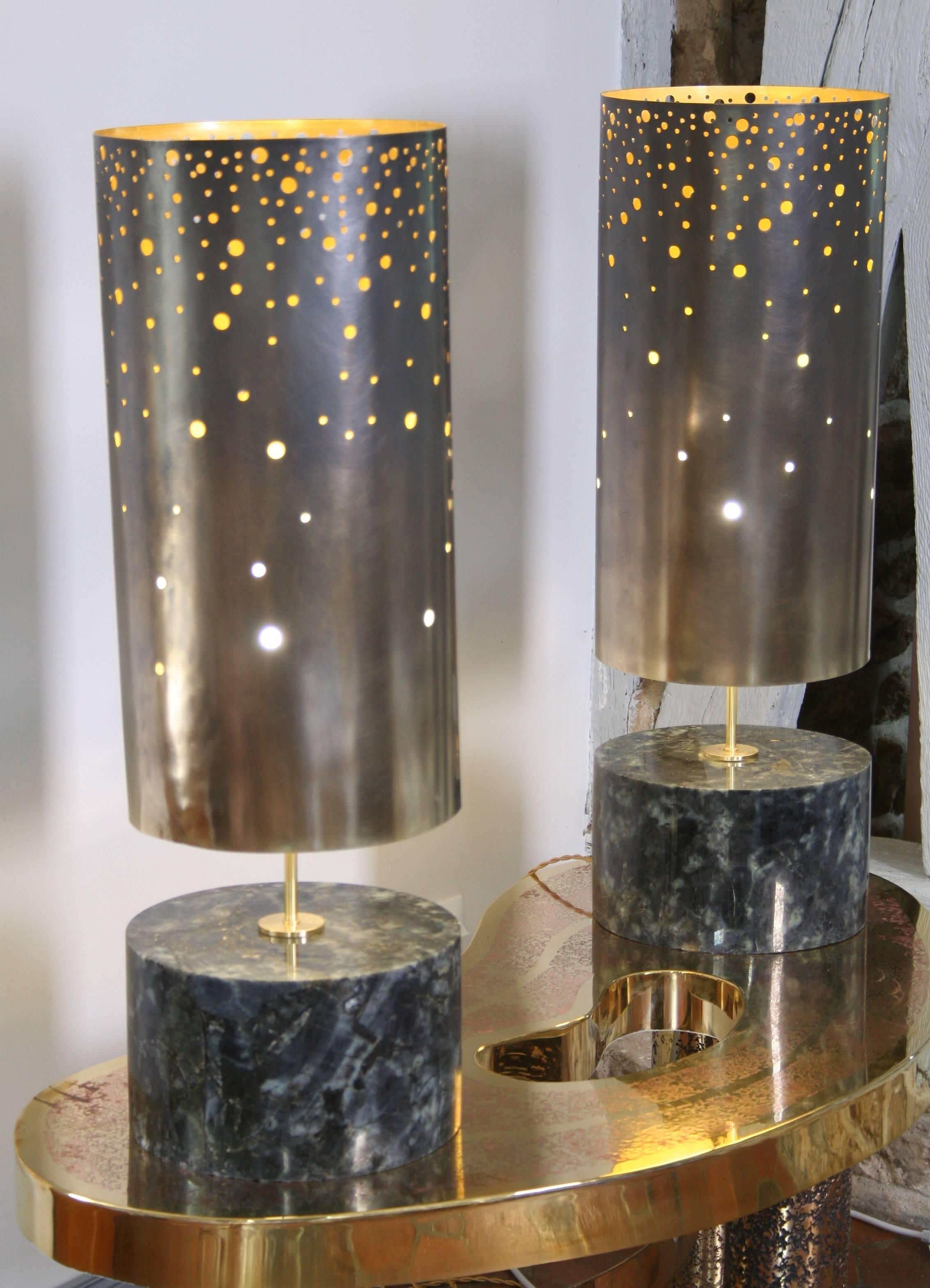 Hand-Crafted Pair of Table Lamps in Spectrolite and Brass, Model Cassiopée by Arriau