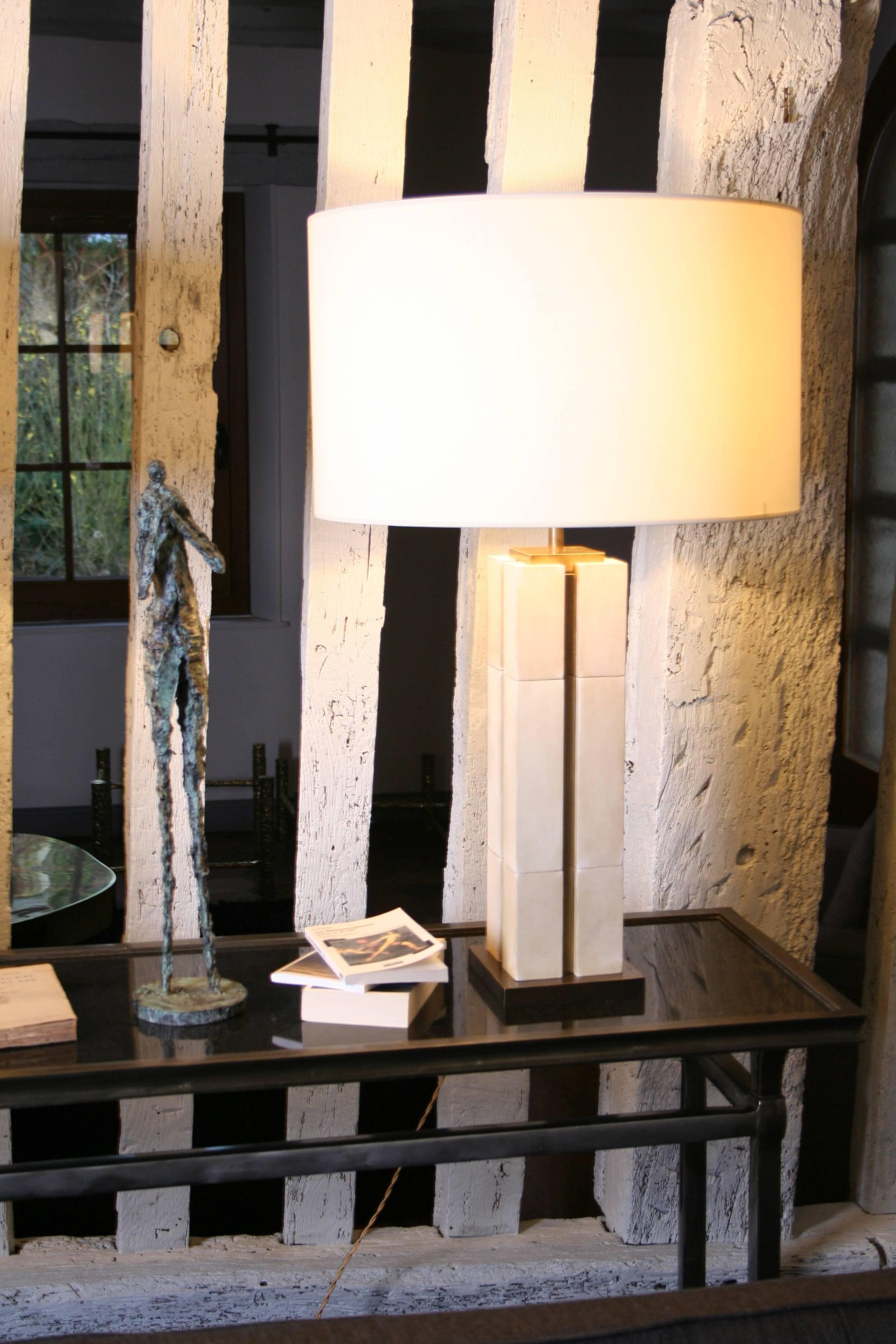 French Table Lamp in Patinated Brass and Parchment, Kubbe