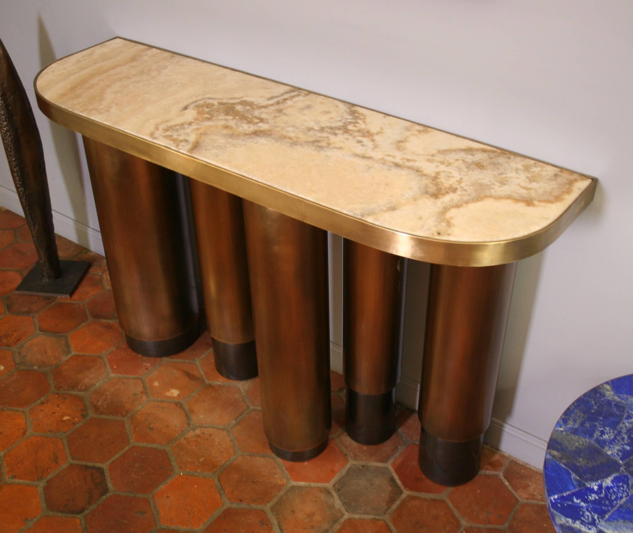Console in Patinated Brass with Onyx Top, Columnae by Arriau In Excellent Condition In Cuy Saint Fiacre, FR