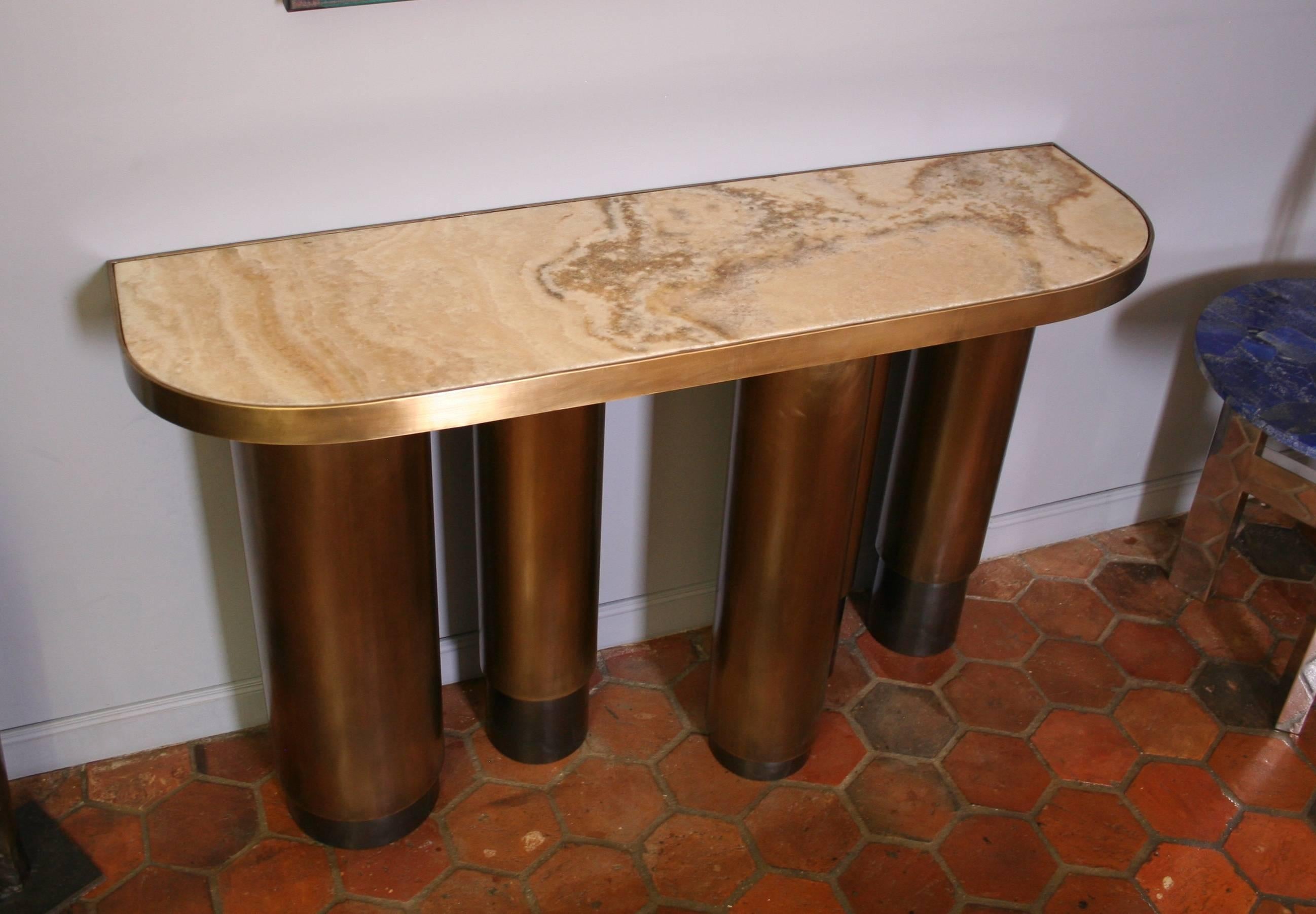 Contemporary Console in Patinated Brass with Onyx Top, Columnae by Arriau