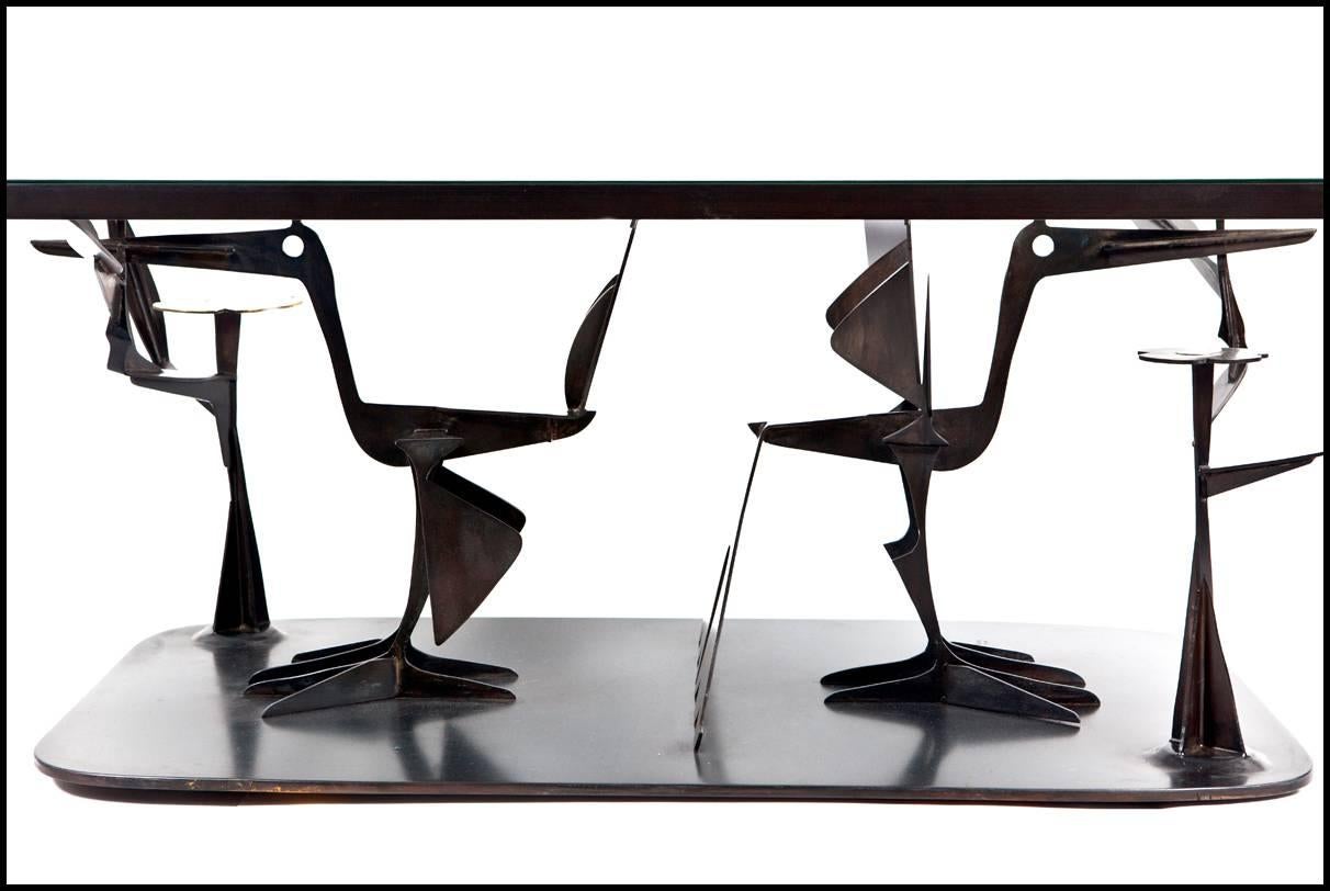 Patinated Sculptural Steel and Brass Birds Coffee Table by John-Paul Philippe