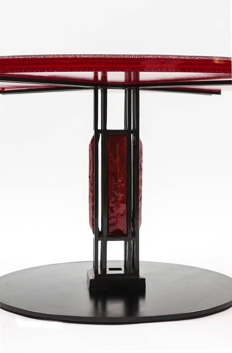 French Red Enamel and Glass Table by Christophe Côme