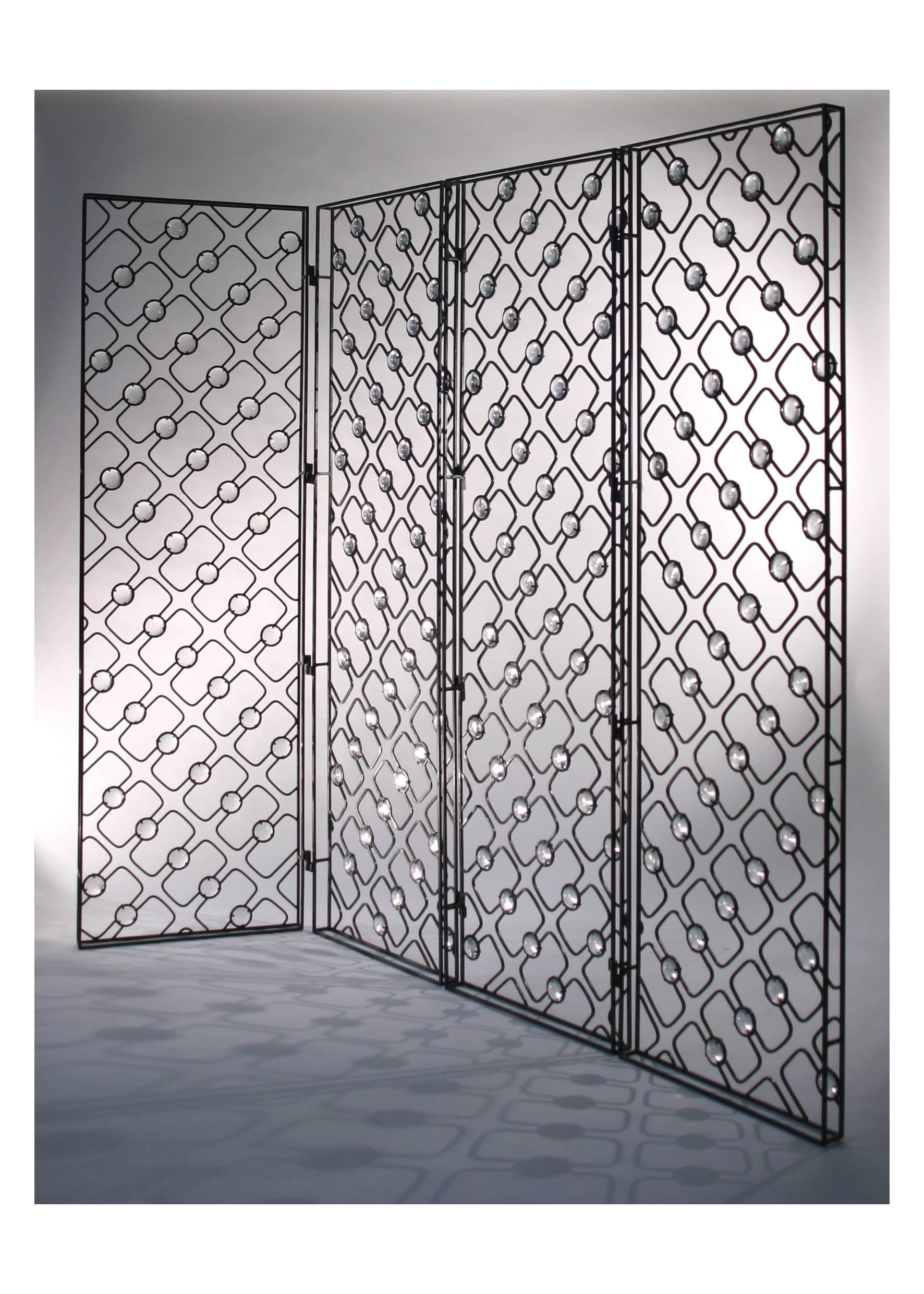 This beautiful standing screen is made of iron and glass, and measures approximately 78 3/4