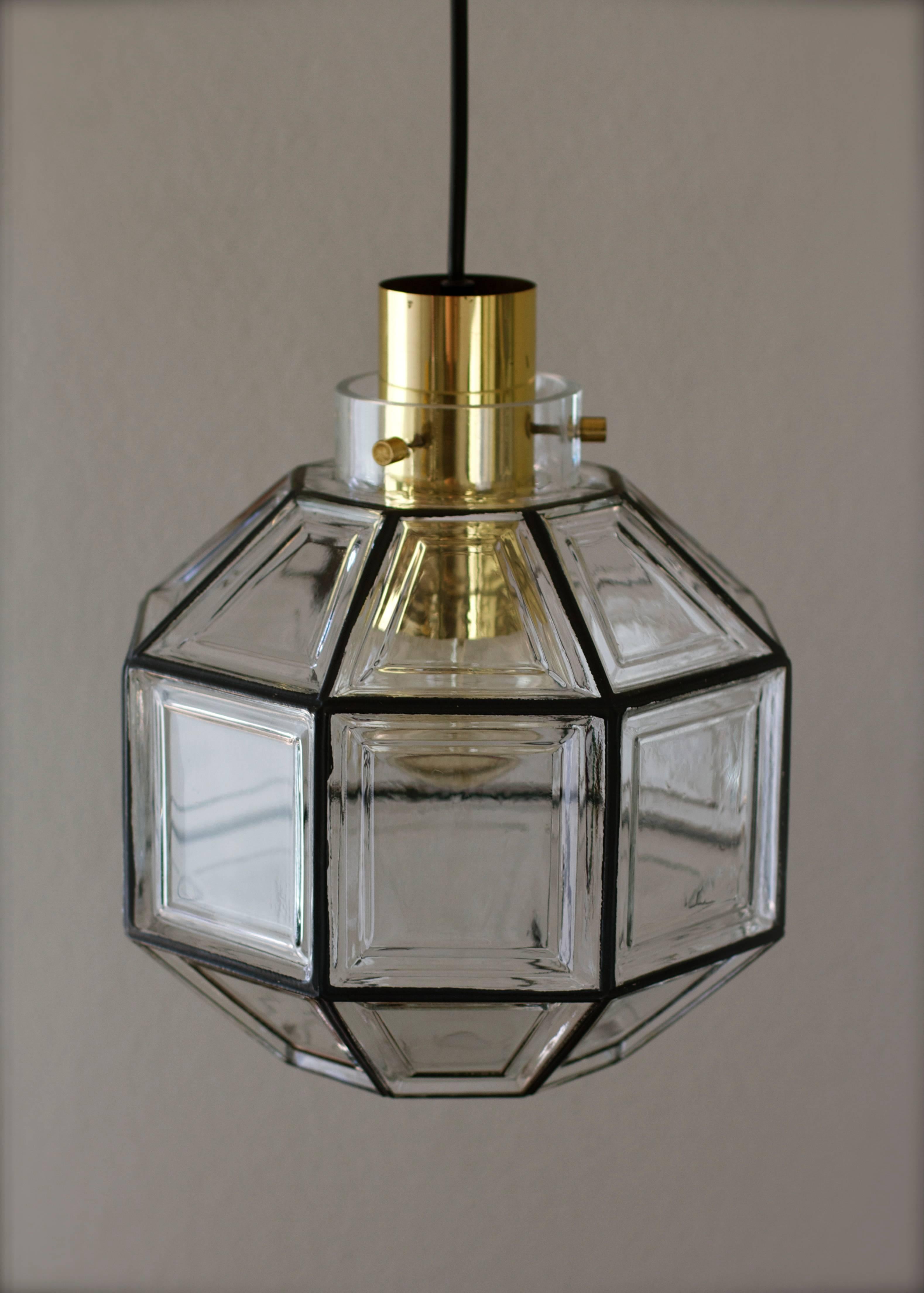 Mid-Century Modern 1 of 5 Large Minimalist Iron & Glass Pendant Lights by Glashütte Limburg 1960s For Sale