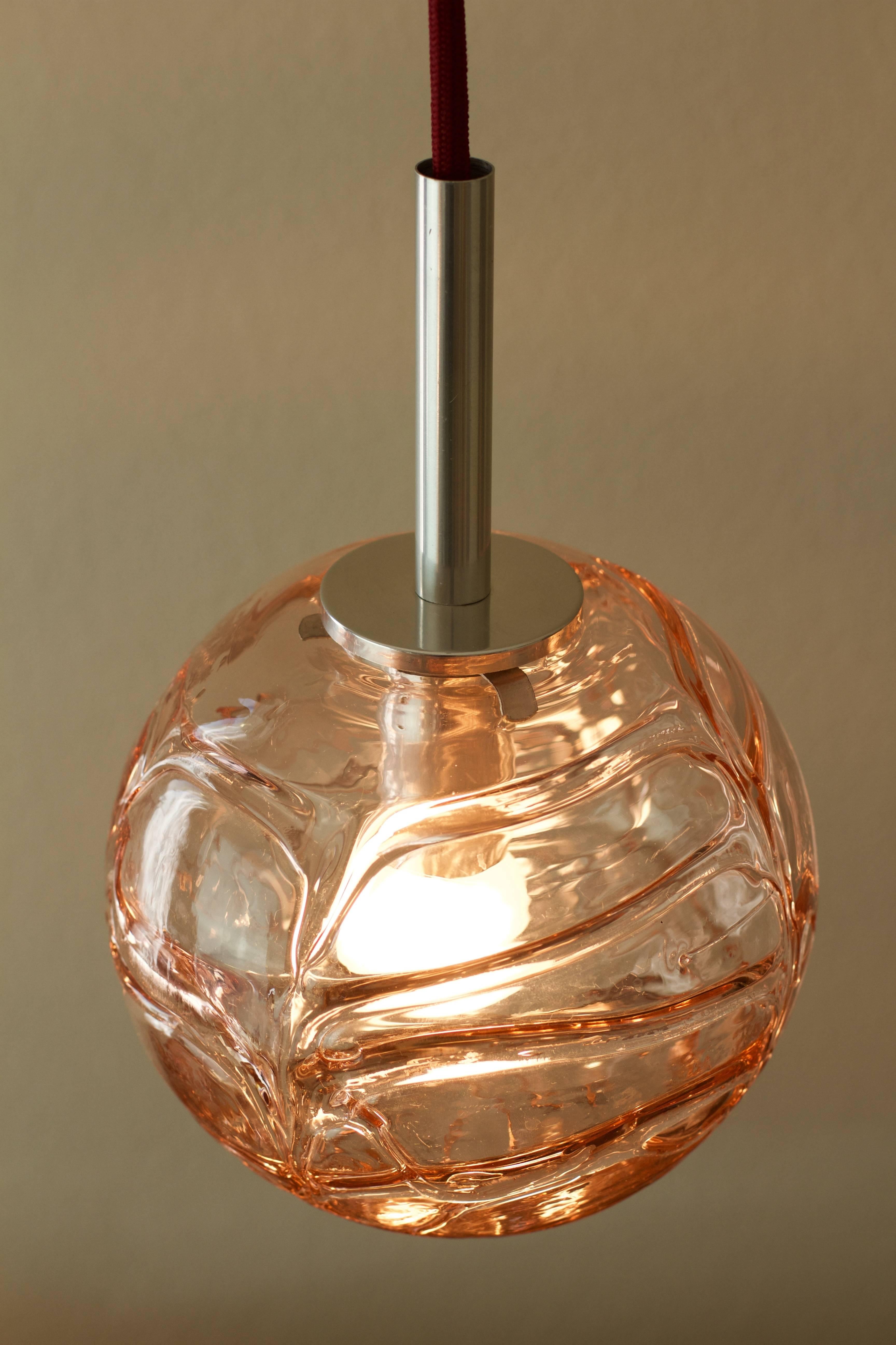 Mid-Century Modern Small German Pendant Light by Doria Leuchten with Pink Toned Murano Glass Globe