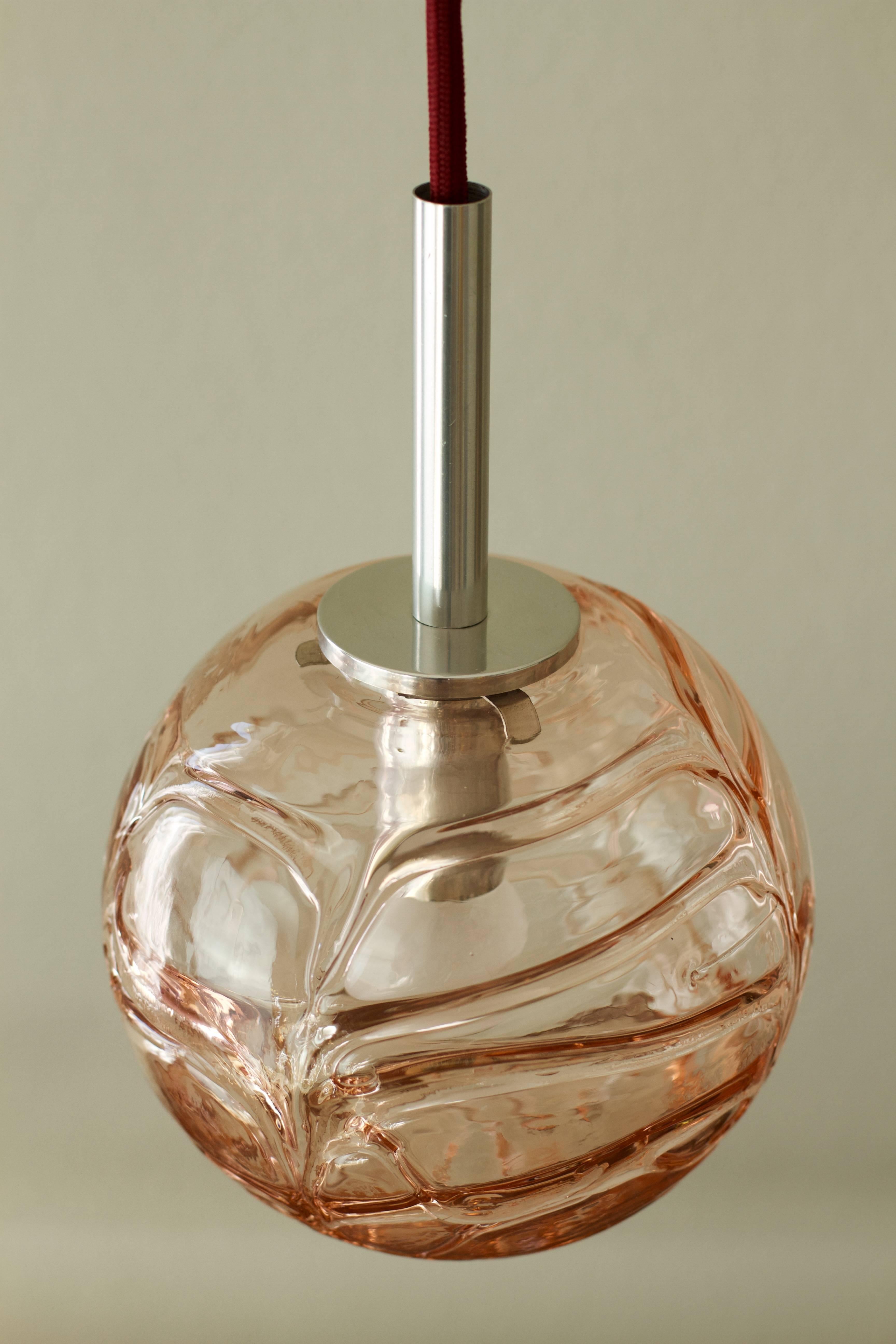 Brushed Small German Pendant Light by Doria Leuchten with Pink Toned Murano Glass Globe