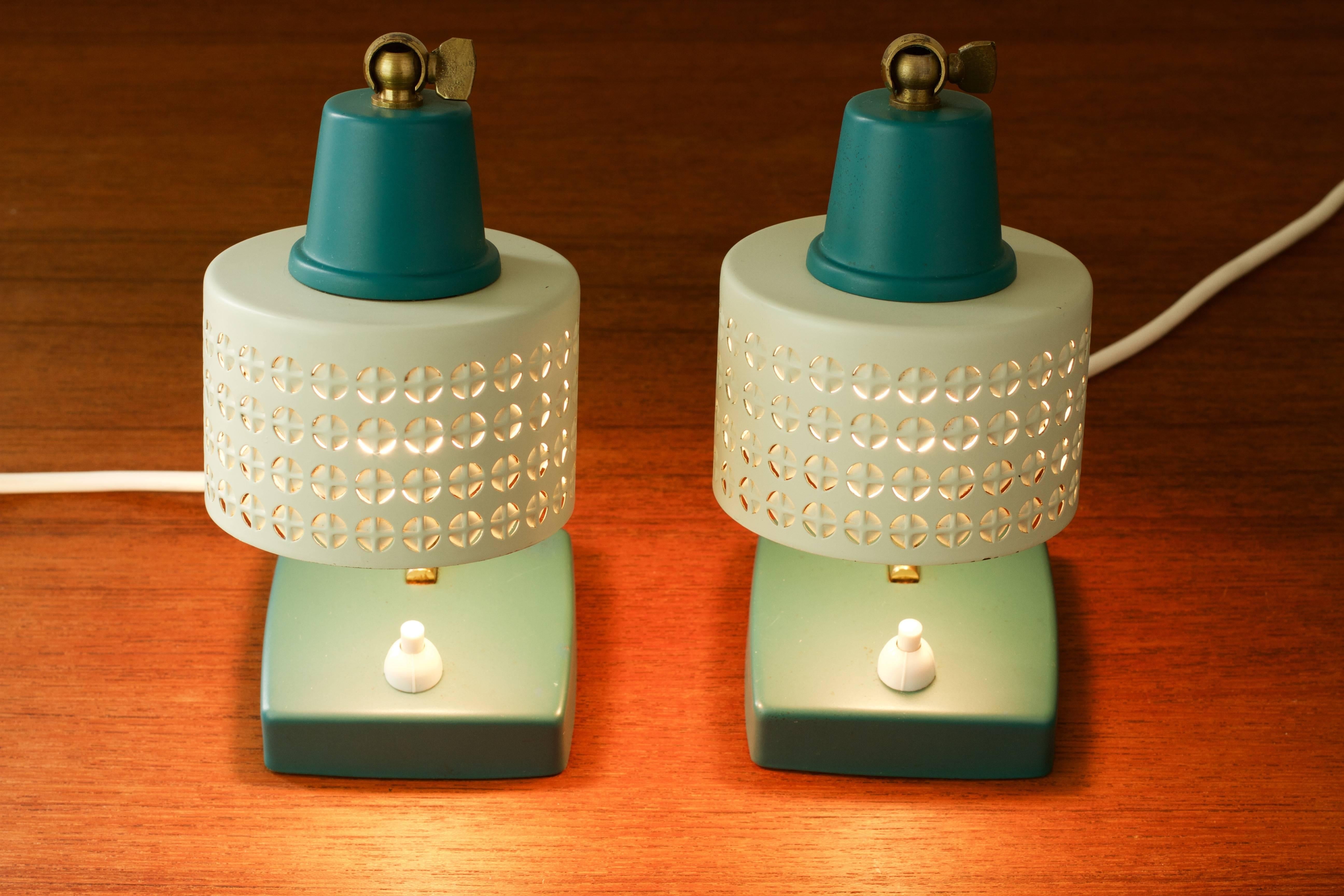 Mid-Century Modern Mathieu Matégot Style Pair of 1950s Perforated Metal Shade Table Lamps / Lights