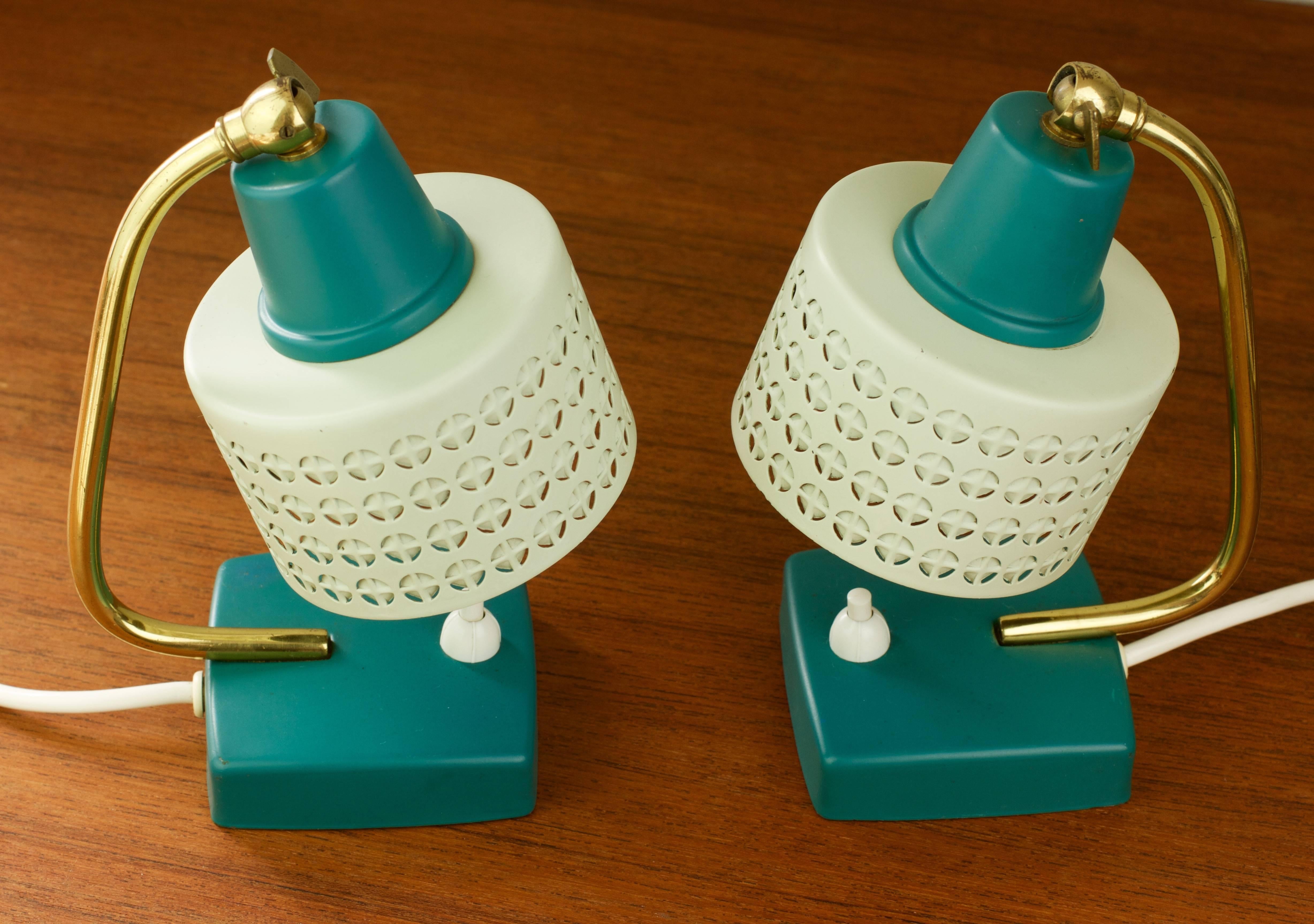 Polished Mathieu Matégot Style Pair of 1950s Perforated Metal Shade Table Lamps / Lights
