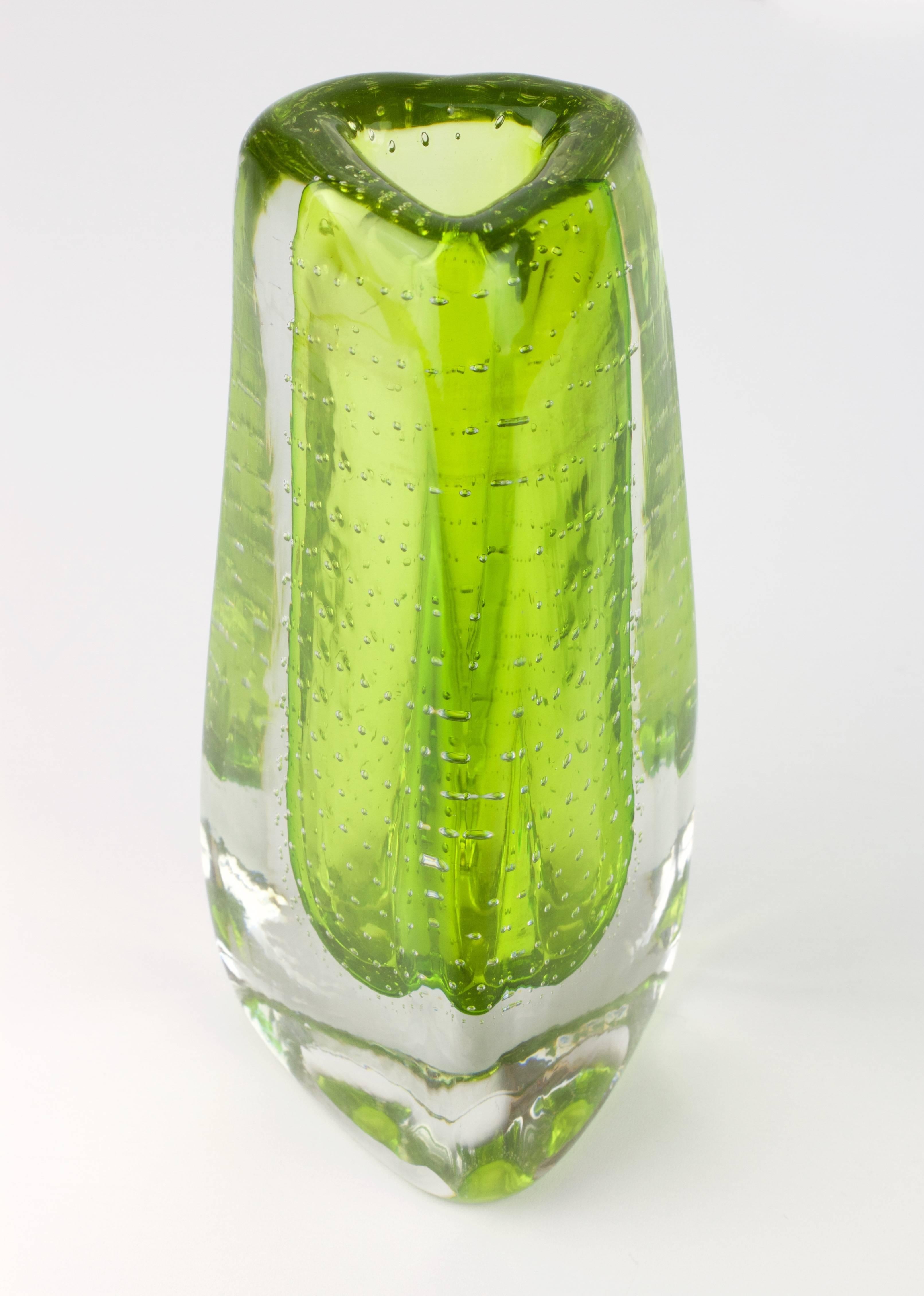 Mid-Century Modern Large and Heavy 1970s German Emerald Green Bubble Ice Glass Vase, Theresienthal