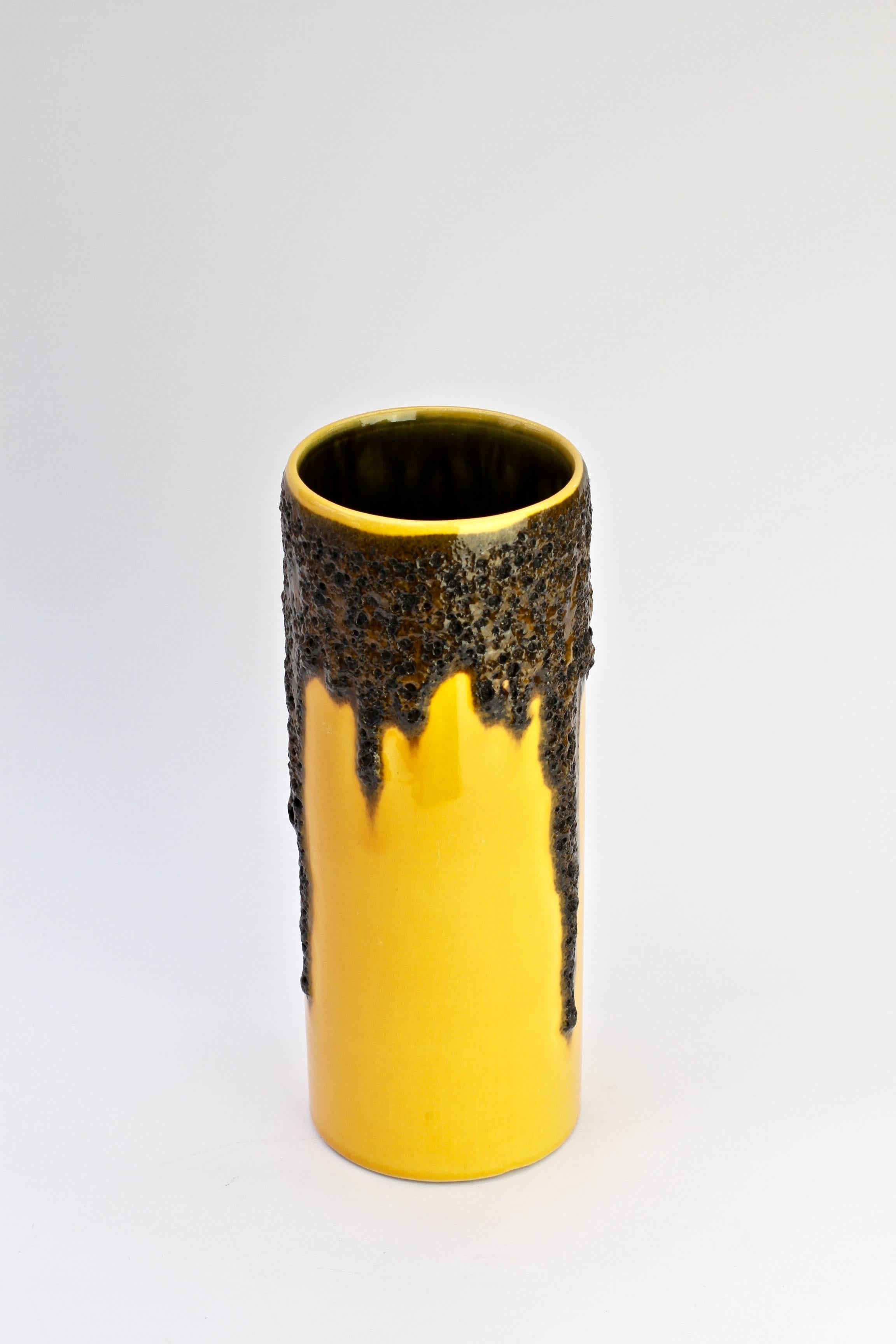 1970s Bright Yellow West German Pottery Fohr Vase with Black Lava Glaze 1