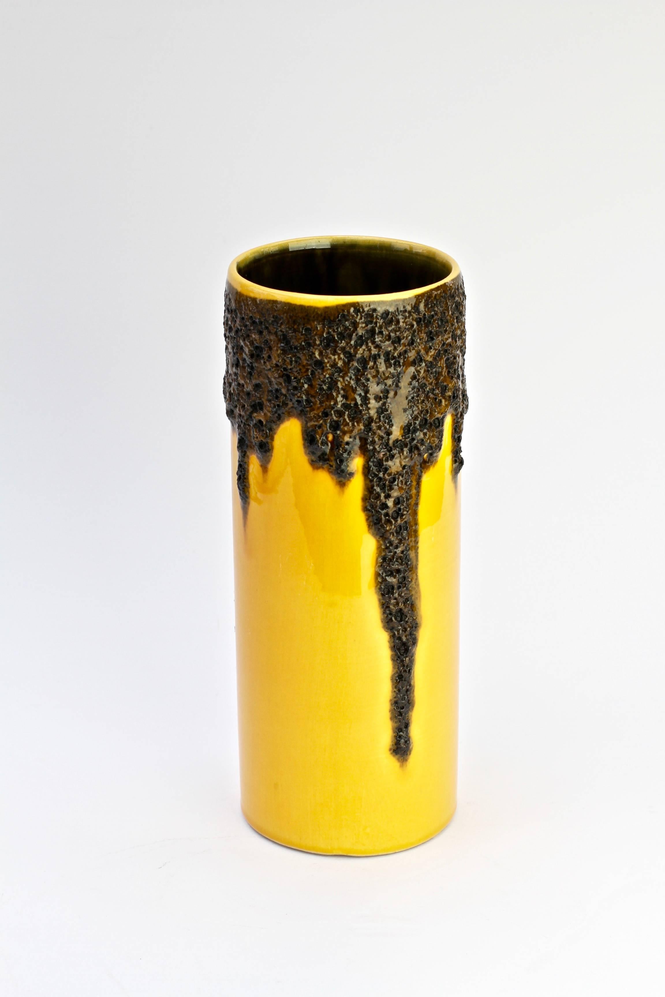 Clay 1970s Bright Yellow West German Pottery Fohr Vase with Black Lava Glaze