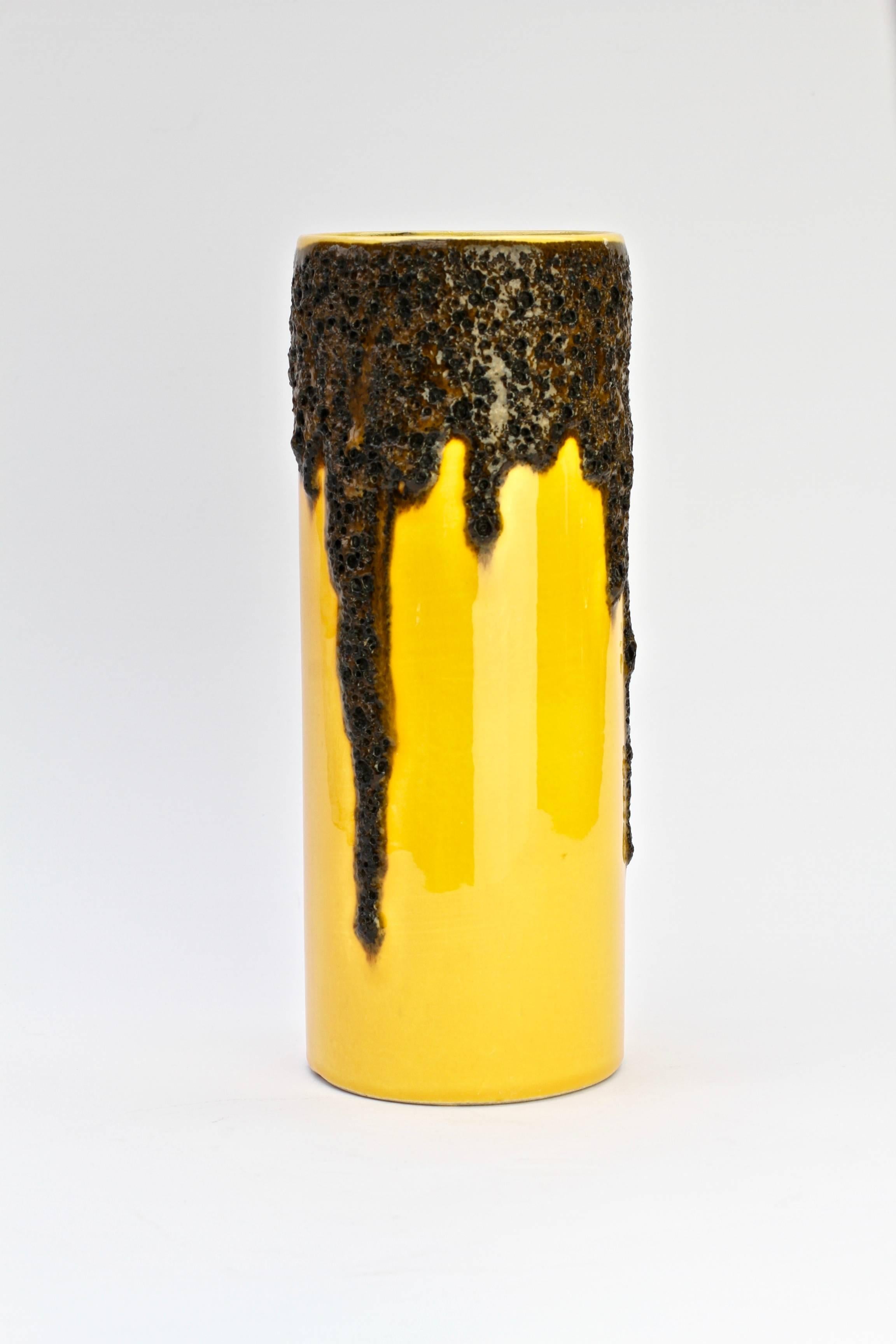 Glazed 1970s Bright Yellow West German Pottery Fohr Vase with Black Lava Glaze