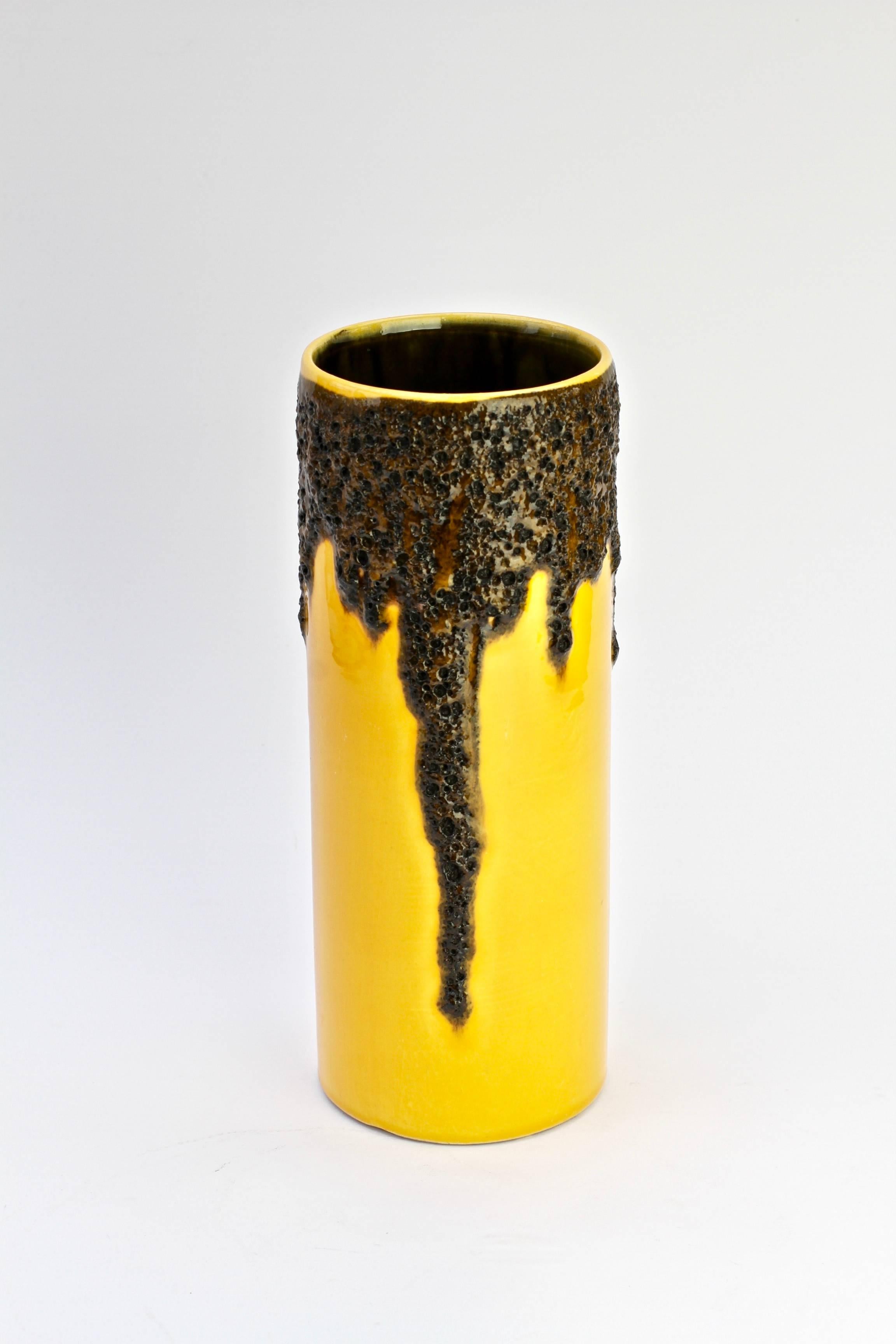 20th Century 1970s Bright Yellow West German Pottery Fohr Vase with Black Lava Glaze