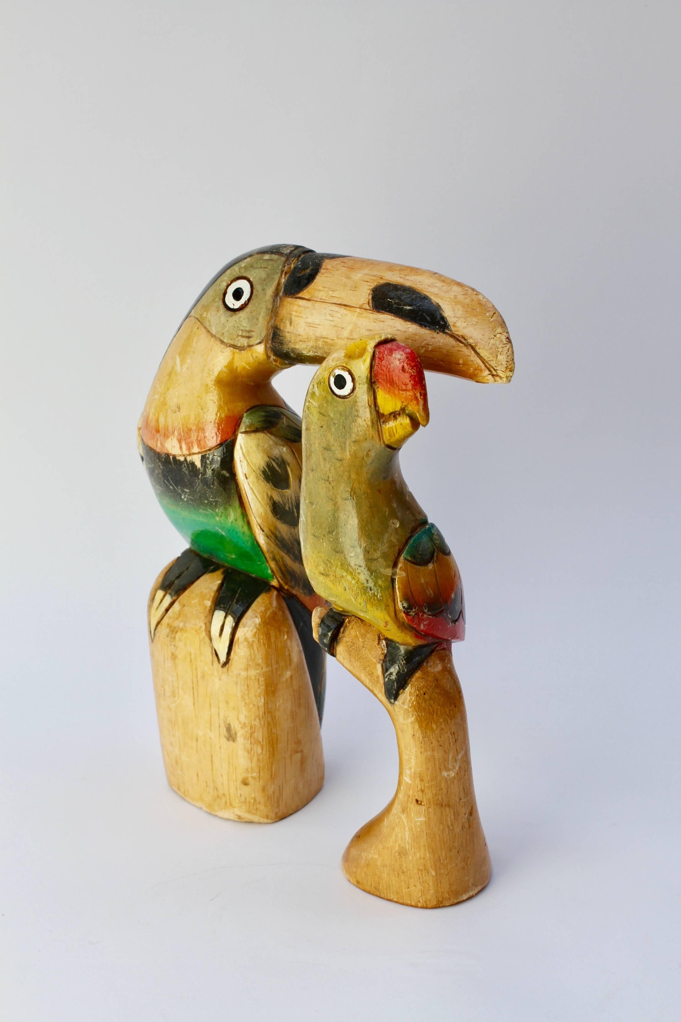 Brazilian Fun & Whimsical Pair of Hand-Carved Wooden Painted Tropical Birds, circa 1940s
