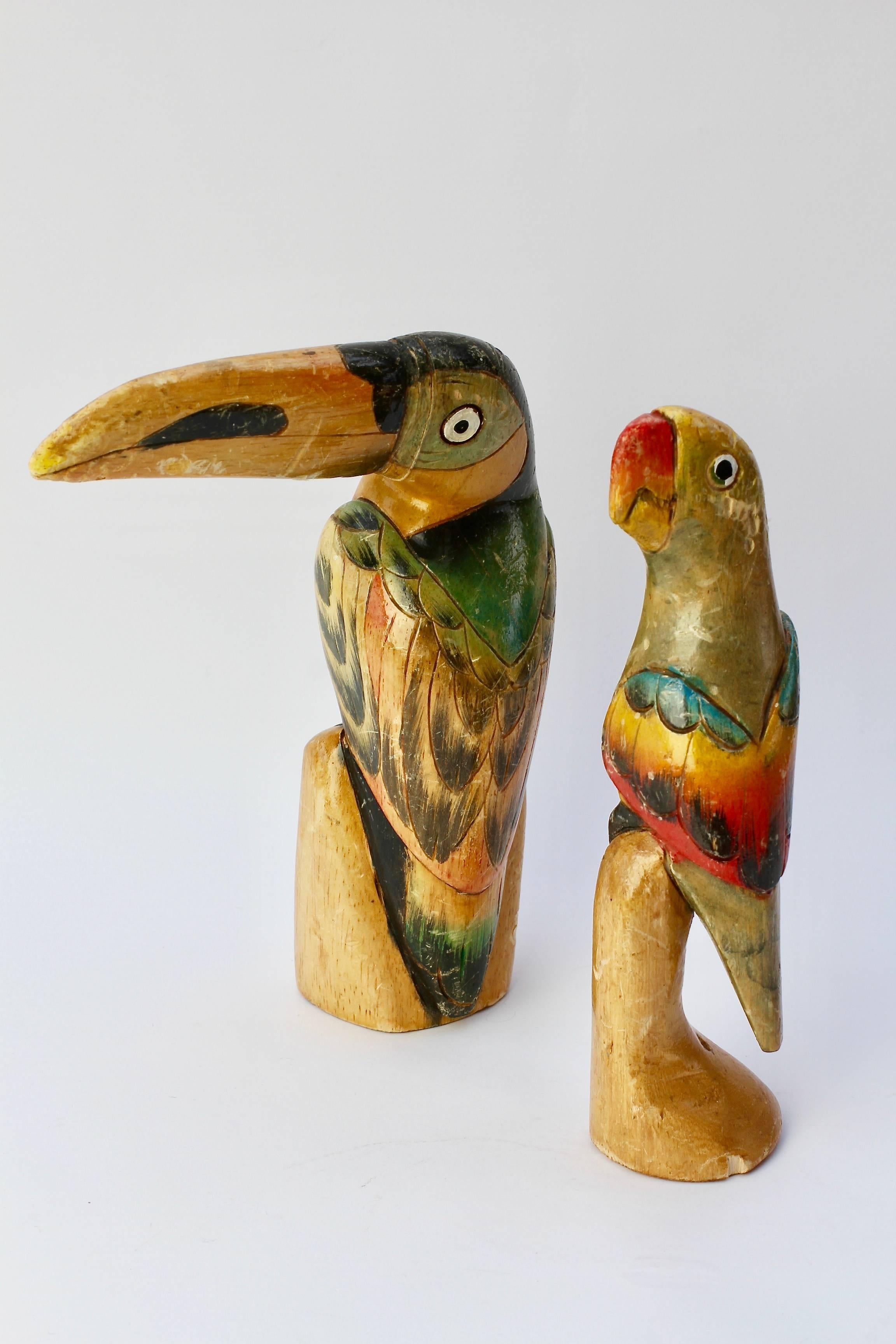 Mid-20th Century Fun & Whimsical Pair of Hand-Carved Wooden Painted Tropical Birds, circa 1940s