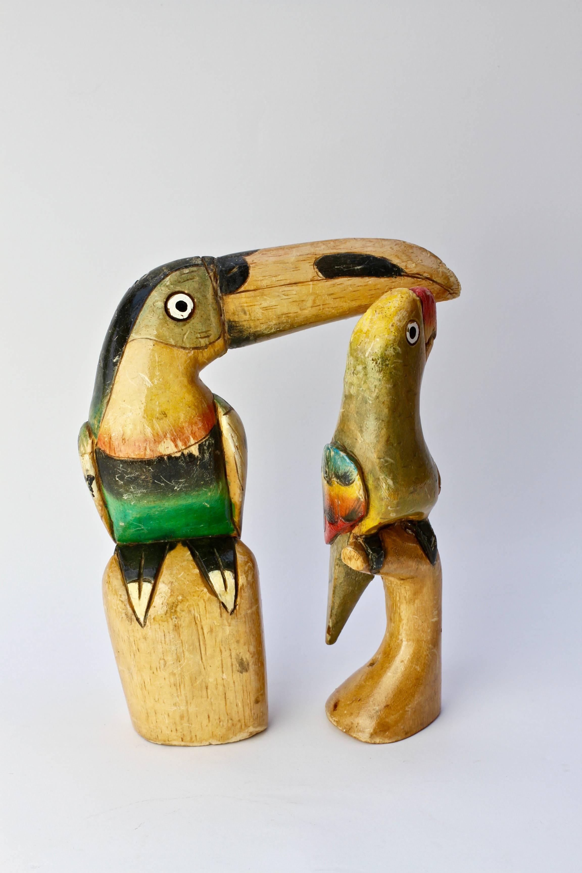 Mid-Century Modern Fun & Whimsical Pair of Hand-Carved Wooden Painted Tropical Birds, circa 1940s