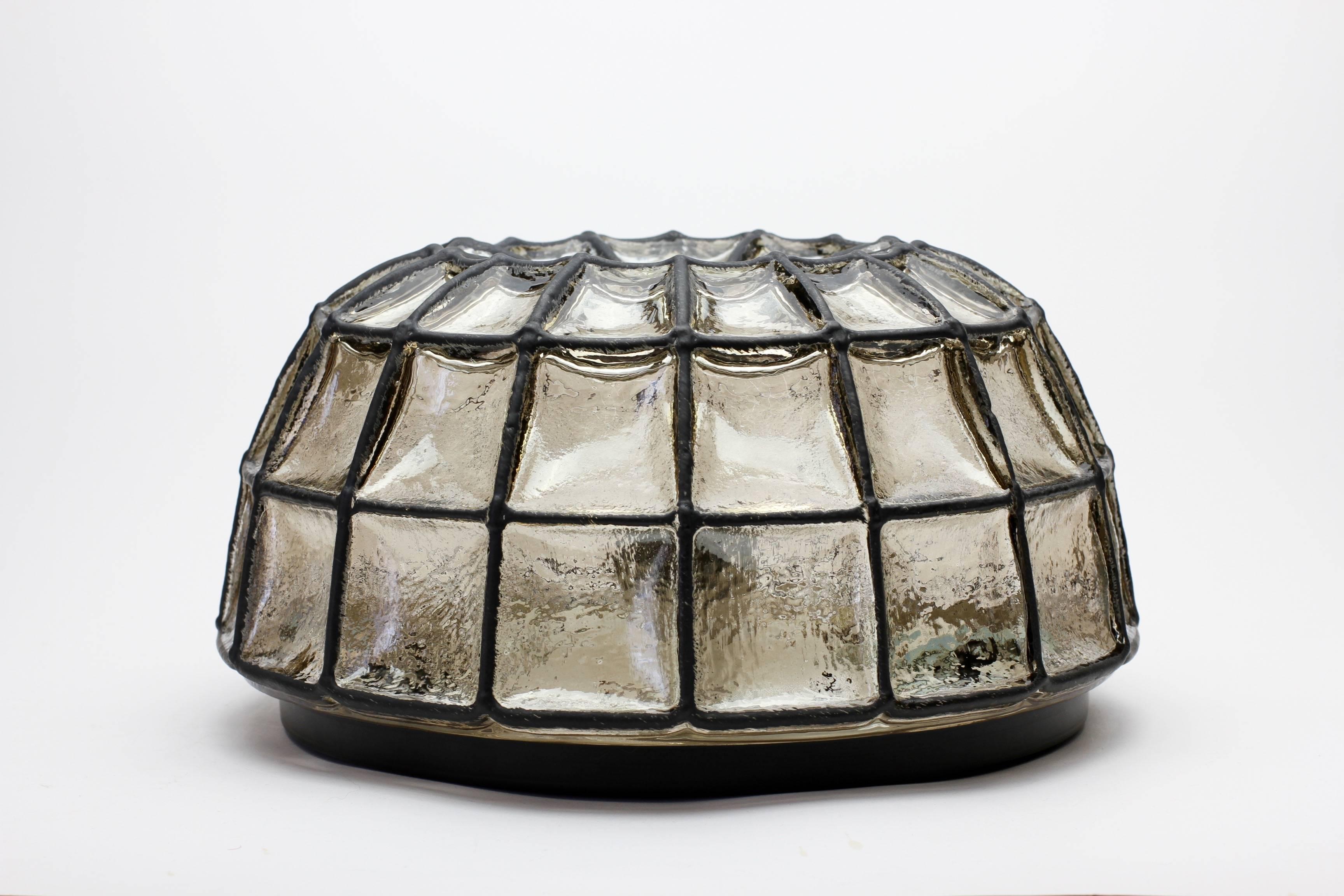 20th Century Limburg Pair of German Midcentury Black Iron and Glass Domed Wall Light Sconces