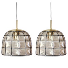 One of a Pair 1960s Black Iron & Glass Honeycomb Bell Pendant Lights by Limburg