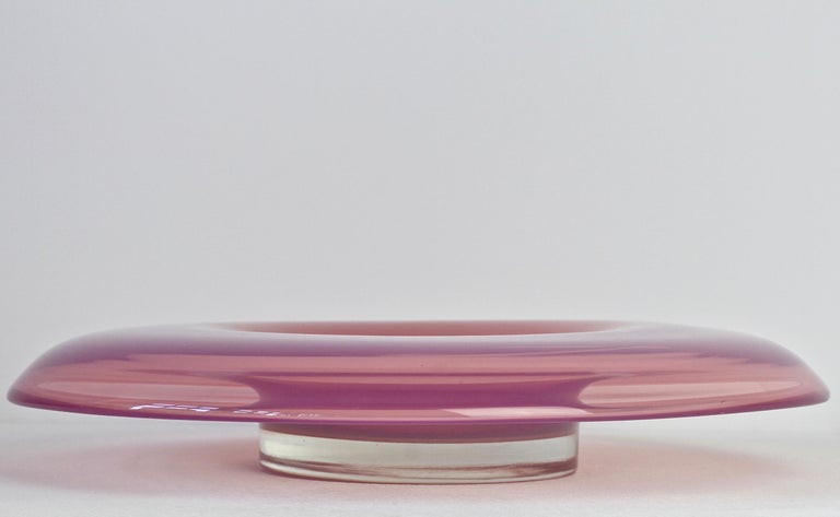 Murano 'Opalino' glass serving or dipping bowl designed by Antonio Da Ros (1936-2012) for Cenedese, circa 1970-1990. Wonderful translucent color of vibrant pink. Simplistic yet elegant forms - almost futuristic. Very fun to dine with the vibrant