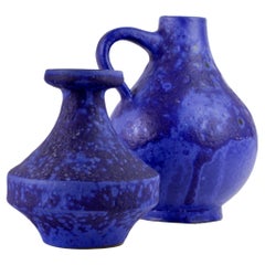 West German Pair Mid-Century Cobalt Blue Lava Drip Glaze Vases by Heyne, c. 1965
