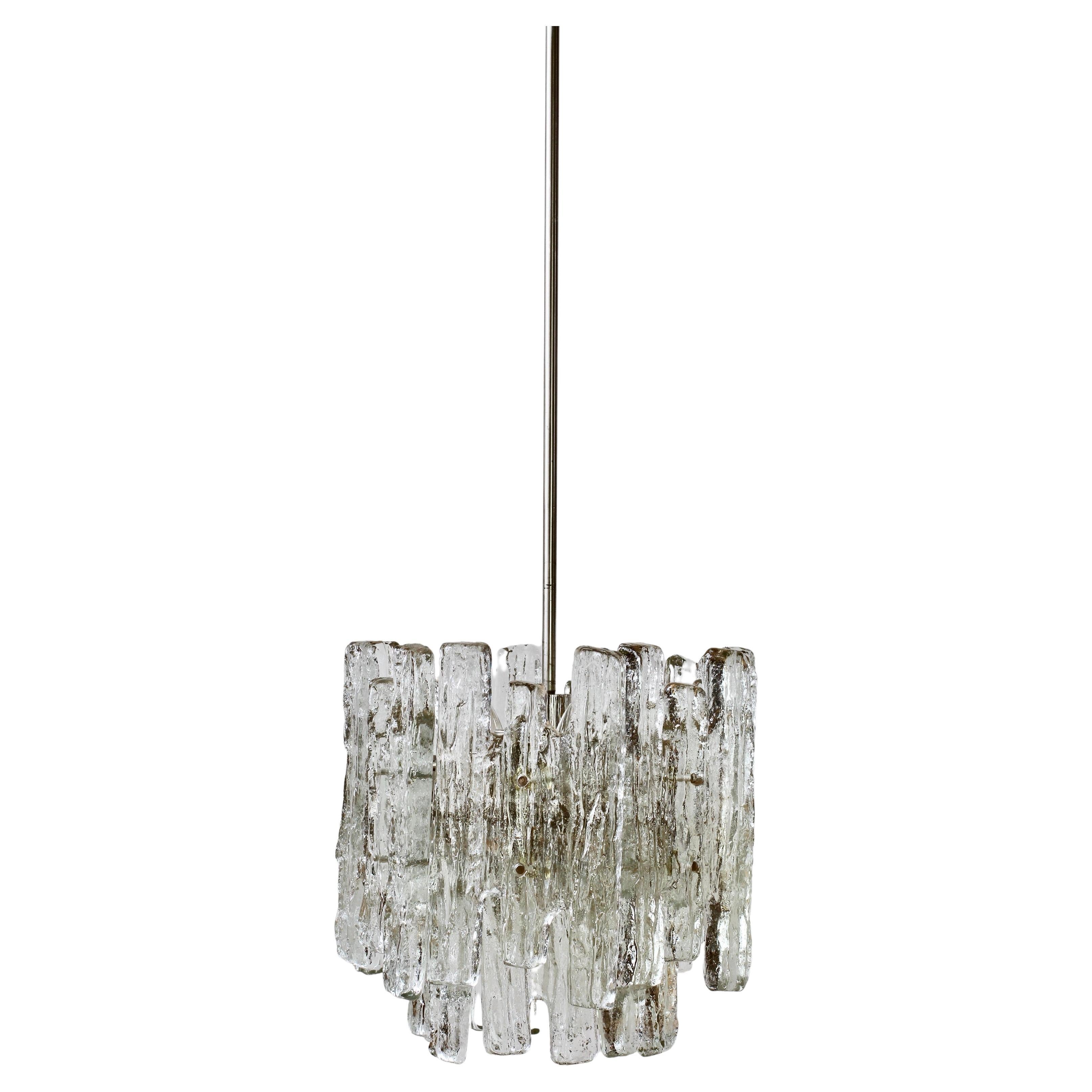 Mid-Century Modern Set of Three Midcentury Kalmar Ice Crystal Glass Pendant Lights or Chandeliers For Sale