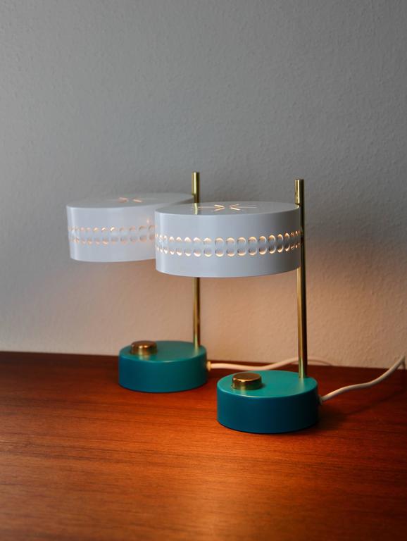 Mid-Century Modern Mid-Century Pair of Teal Green Mathieu Mategot 1950s Bedside Table Lamps For Sale